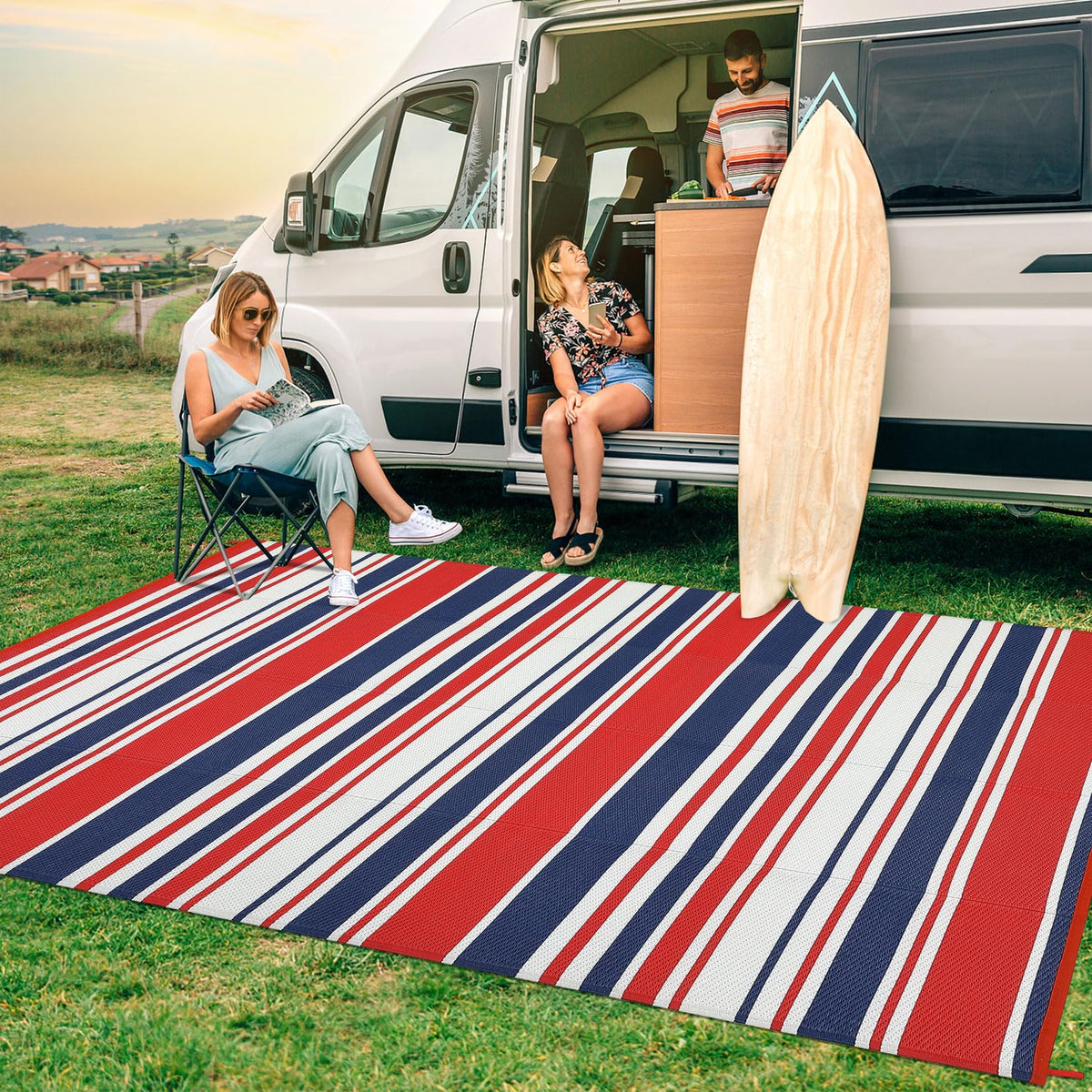 MilleLoom 10x20 Large Outdoor Patio Rug Modern Line Plastic Straw Outdoor Rugs Waterproof Foldable UV Resistant Camping Reversible Mats for Deck, Picnic, Porch, Camper, Balcony, Beach, Rv，Red/Multi