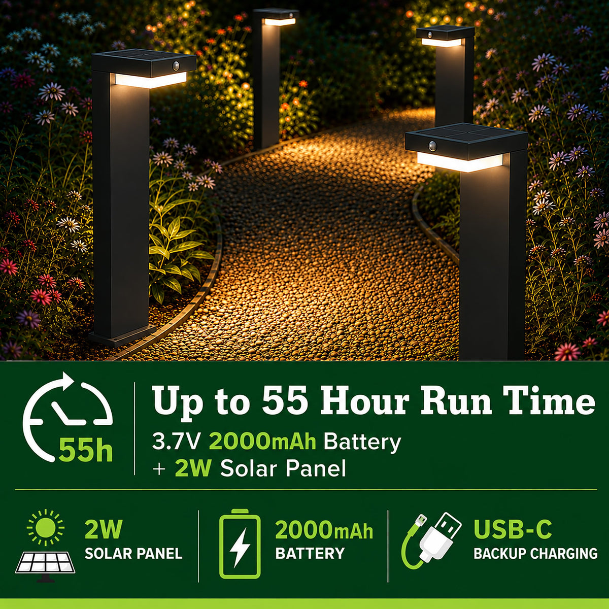 VerLuce - 20.5" Solar Pathway Lights - Walkway Solar Lights for Outside - PIR Sensor & Two Lighting Modes - Rechargeable Battery Lasts Up to 55 Hours - 3000K - IP44 Weather Resistant - 2 Pack