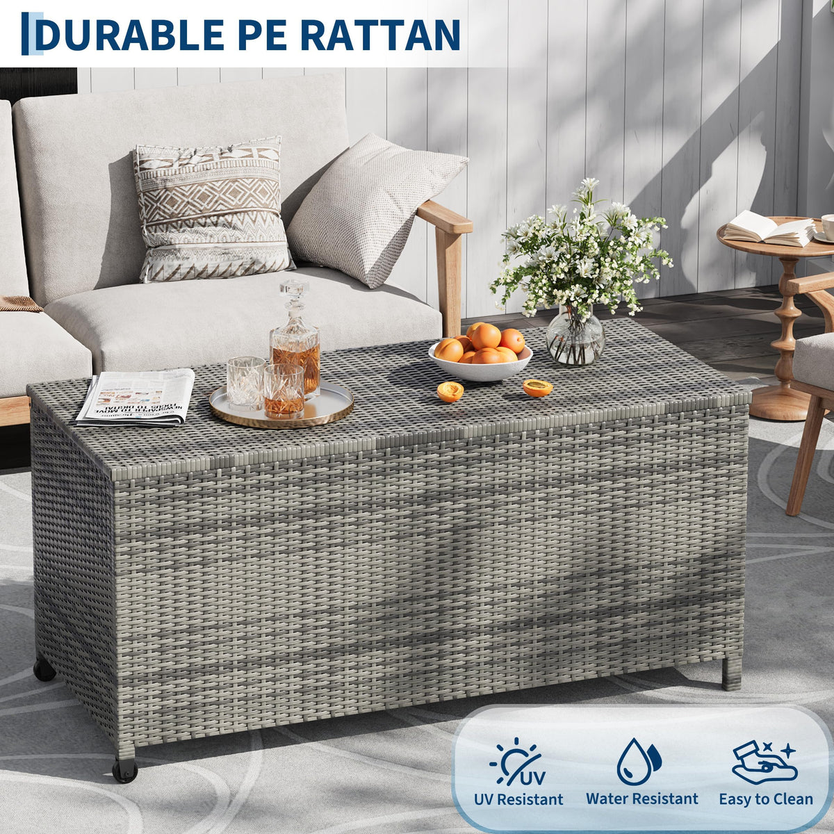 125 Gallon Outdoor Wicker Deck Box, All-Weather Waterproof Patio Storage with PE Rattan Finish & Steel Frame, for Cushions, Garden Tools, Pool Supplies, Lockable Gray Storage Box with Soft-Close Lid