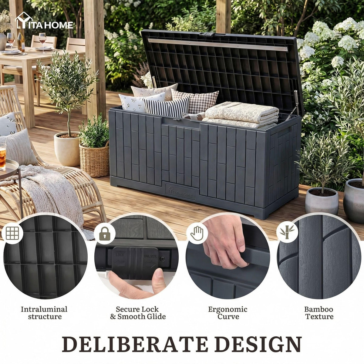 YITAHOME 120 Gallon Large Deck Box, 53"L x 22.7"W x 25.5"H Resin Outdoor Storage Box with Slide-Locking Black Lid for Patio Cushions, Garden Tools, Pool Supplies, Easy Assembly, Waterproof, Dark Gray