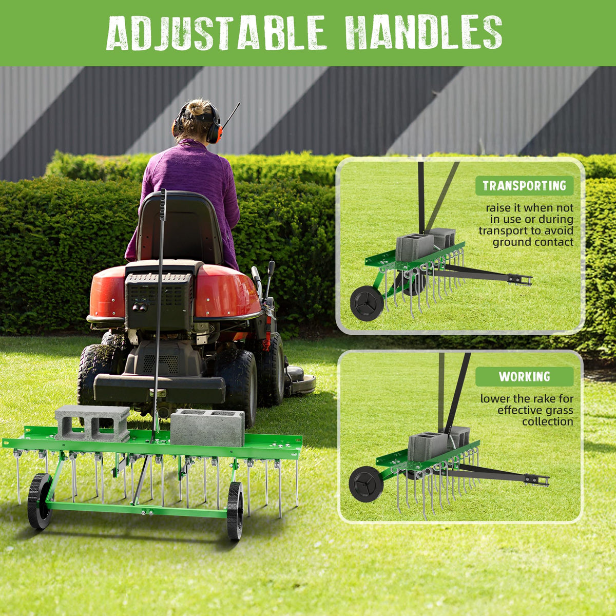 PPOLB 40" Tow-Behind Dethatcher with 20 Spring Steel Tines, Pull Behind Lawn Tractor Mower Grass Rake for Yard, Garden, and Farm Care – Removes Thatch, Leaves, and Pine Needles-Green