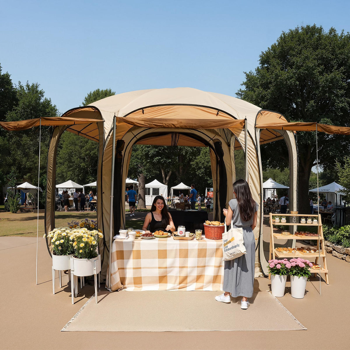East Oak 12×12 FT Pop Up Canopy Tent with Mesh | Outdoor Screen House with 6 Sunshades | Instant Canopy with Portable Carry Bag | Gazebo Tent for Camping, Patio, and Beach | Beige