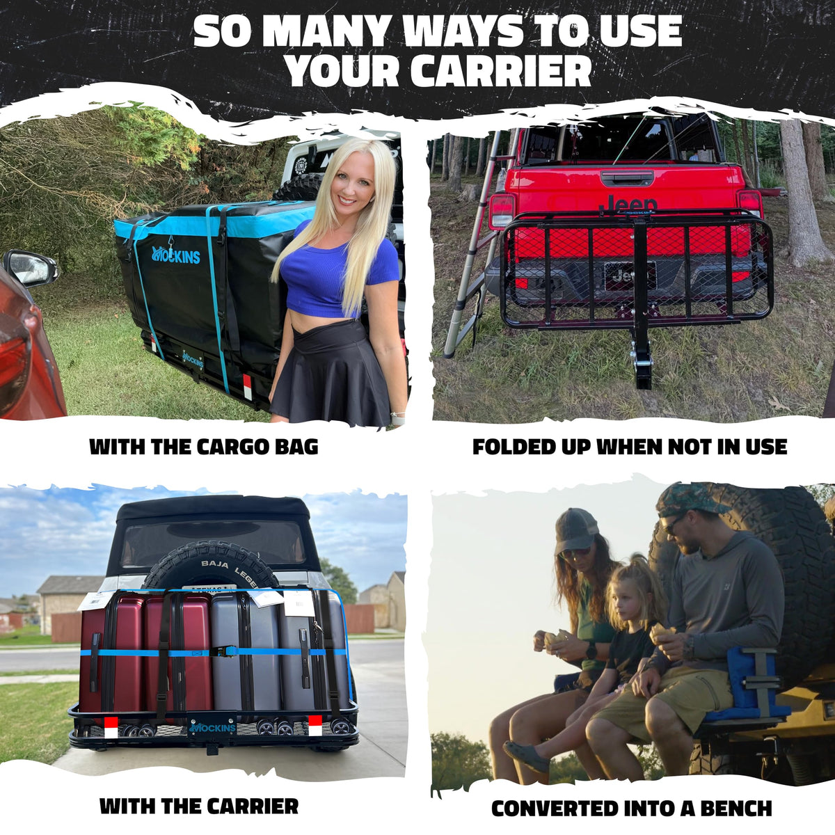 Mockins 2-in-1 Trailer Hitch Cargo Carrier Bench 48"x18"x6" w/ 15 CuFt Waterproof Truck Bed Storage Bag | 500 Lb Capacity Folding Cargo Hitch Carrier Tailgate Seat Bundle w/Stabilizer, Straps, & Lock
