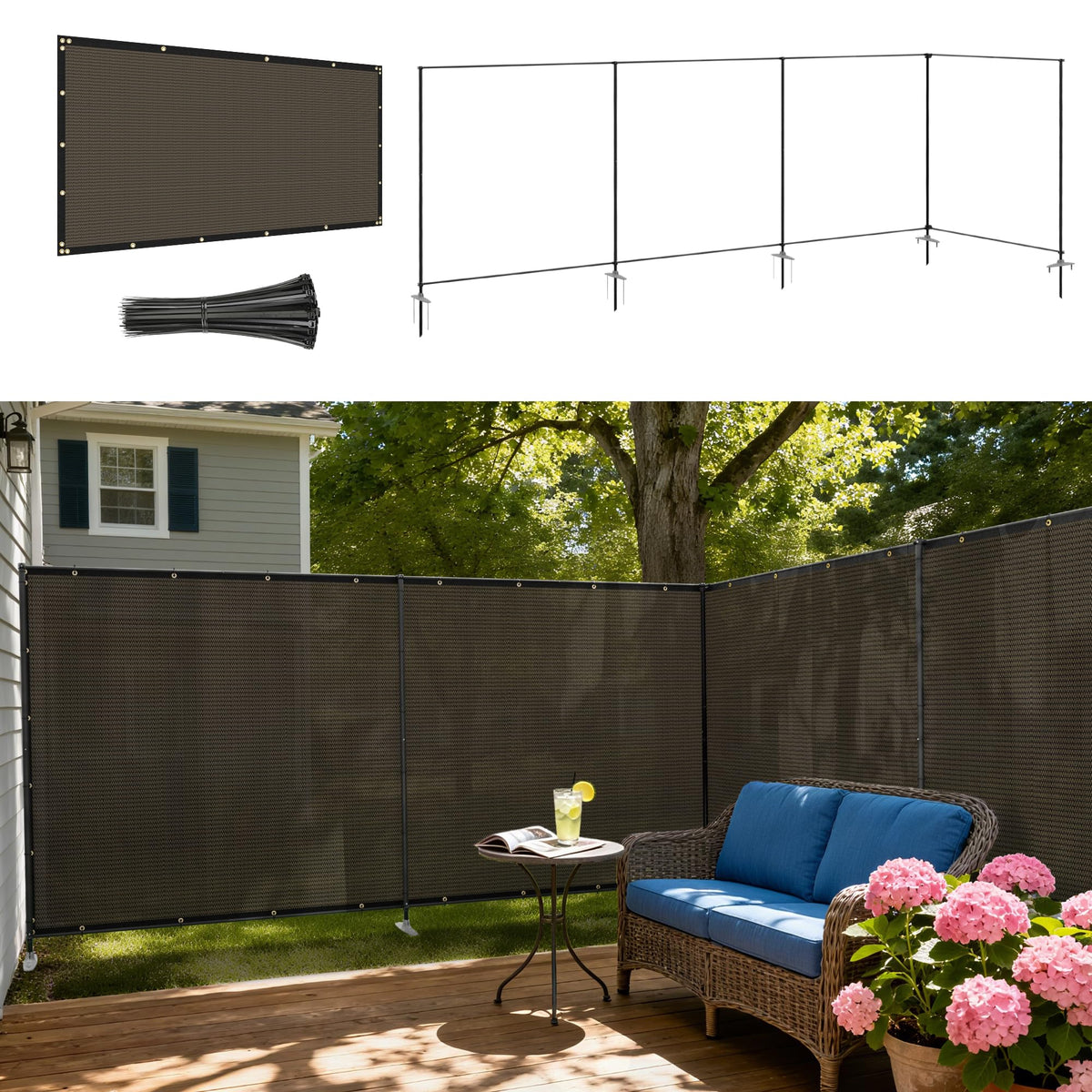 Windscreen4less Outdoor Privacy Fence Screen, 5'x24' Freestanding Privacy Fencing Set with Iron Poles and Ground Spikes, UV Resistant Mesh Cover Garden Pet Fencing for Backyard Patio Pool, Brown