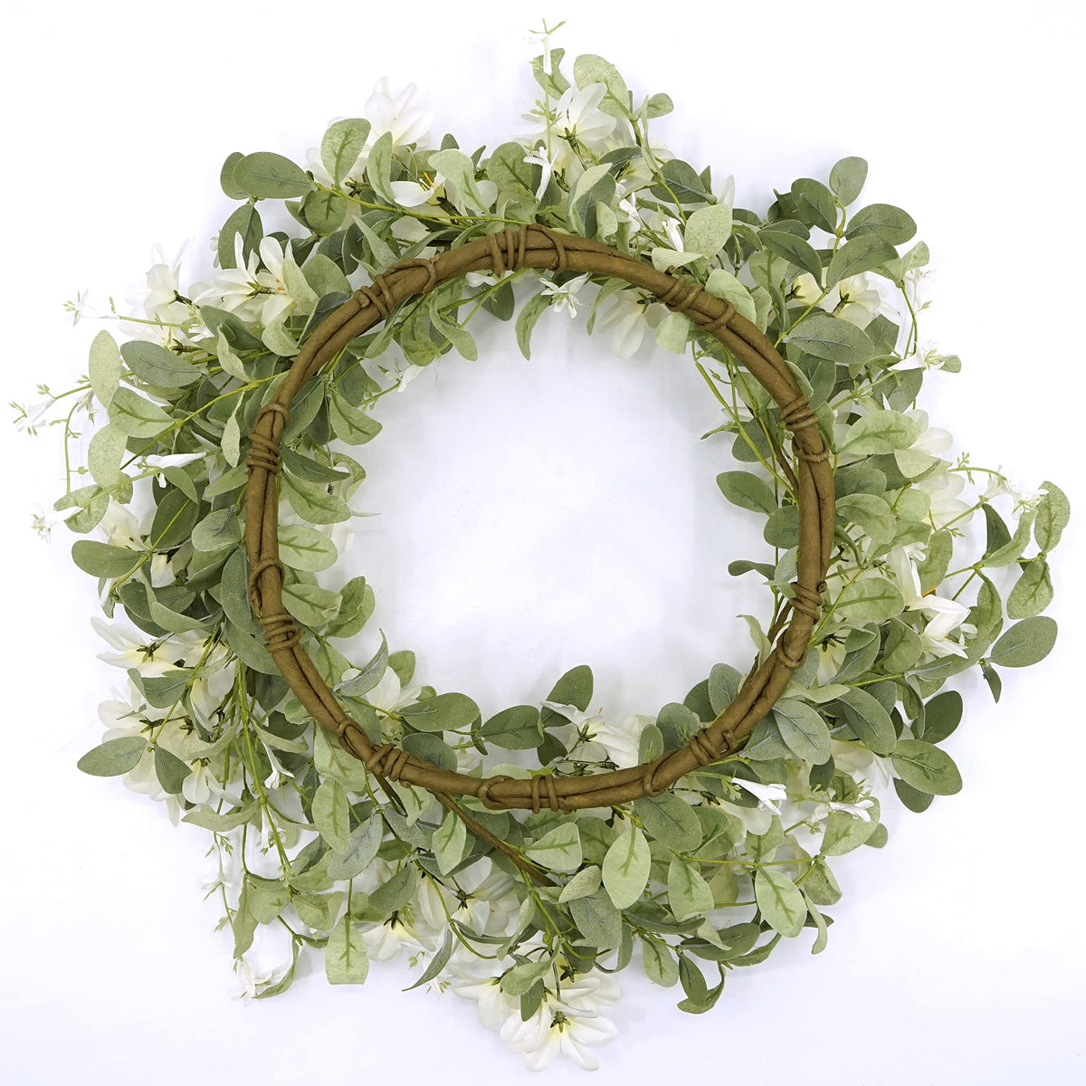 WreathDream 18'' Spring Wreath Summer Wreath for Front Door with Green Eucalyptus Leaves and White Cherry Blossoms for Home Outdoor Farmhouse Porch Wall Decoration, White Gift Box Included