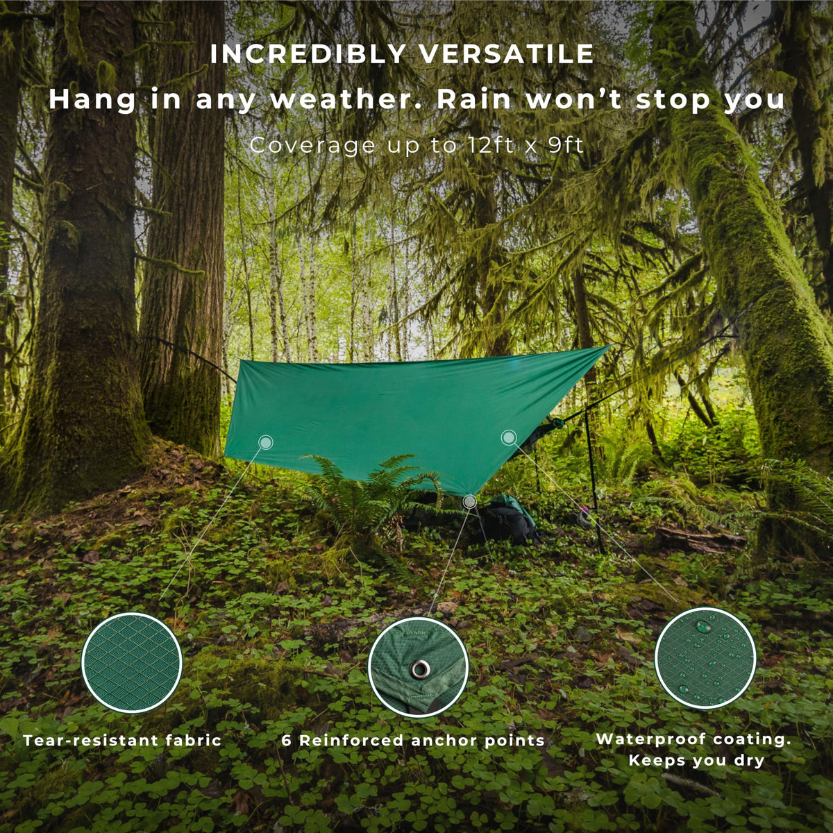Camping Hammock with Bug Net and Rain Fly – Durable Ripstop Nylon Construction with 12’ Tree Straps, 5kn Carabiners, Tent Stakes and Waterproof Carry Bag