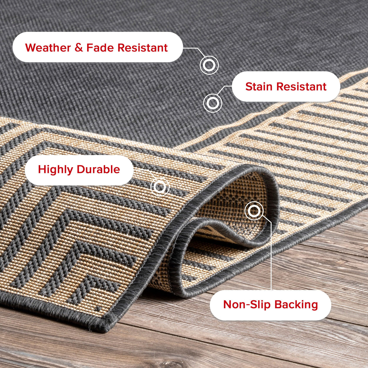 Nuloom Asha Dark Grey/Ivory, 6'7" Round, Casual, Striped Border, Soft and Cozy, High Traffic, Stain Resistant, Easy Clean, Durable Area Rug for Indoor/Outdoor Patio, Deck, Porch, Garden, Courtyard