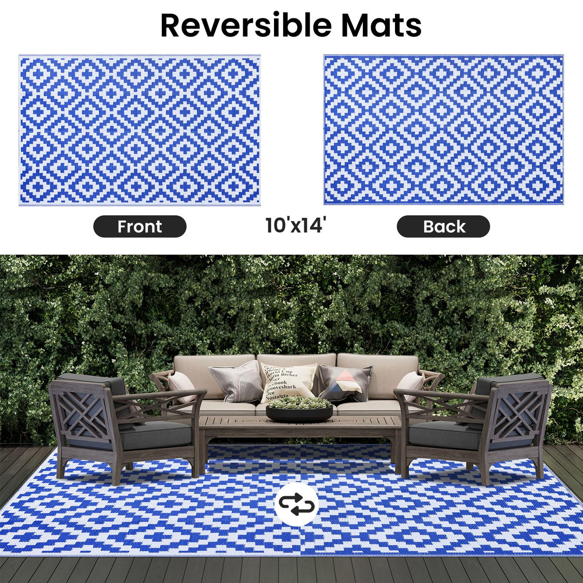 Smiry Waterproof Outdoor Rug 10X14 ft, Reversible Plastic Straw Patio Camping Rugs, Outdoor Indoor RV Mat Carpet for Patio, Outside Entry, Backyard, Deck, Bench, Picnic, Camper, White & Blue