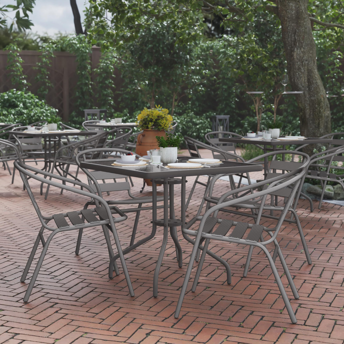 Flash Furniture TLH-0732SQ-017CSV4-GG Lila 31.5'' Square Glass Table with 4 Metal Aluminum Slat Stack Chairs, Silver