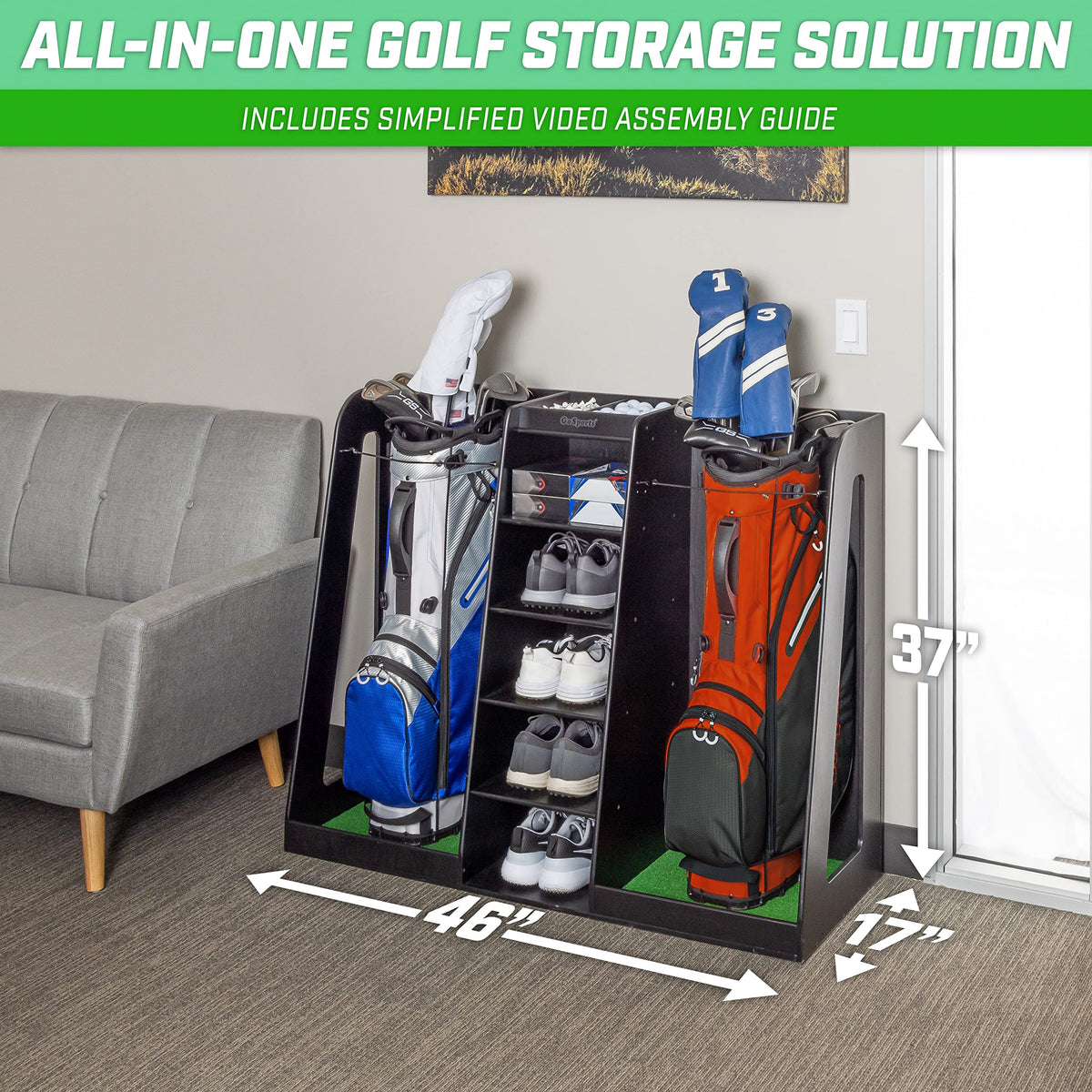 GoSports Premium Wooden Golf Bag Organizer and Storage Rack - Black