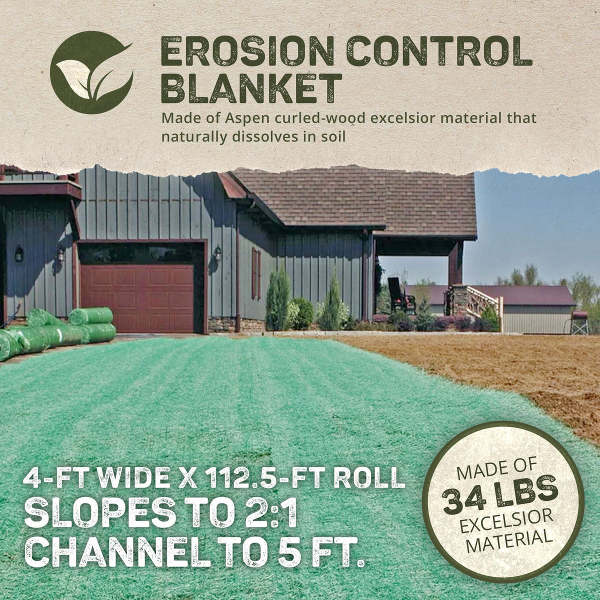 Dewitt 4-Pack Single Net Excelsior Blanket, Green, 4 x 112.5 Feet – Aspen Wood Fiber Erosion Control Mat with Netting for Soil Protection, Grass & Seed Establishment, Ground Cover and Landscaping