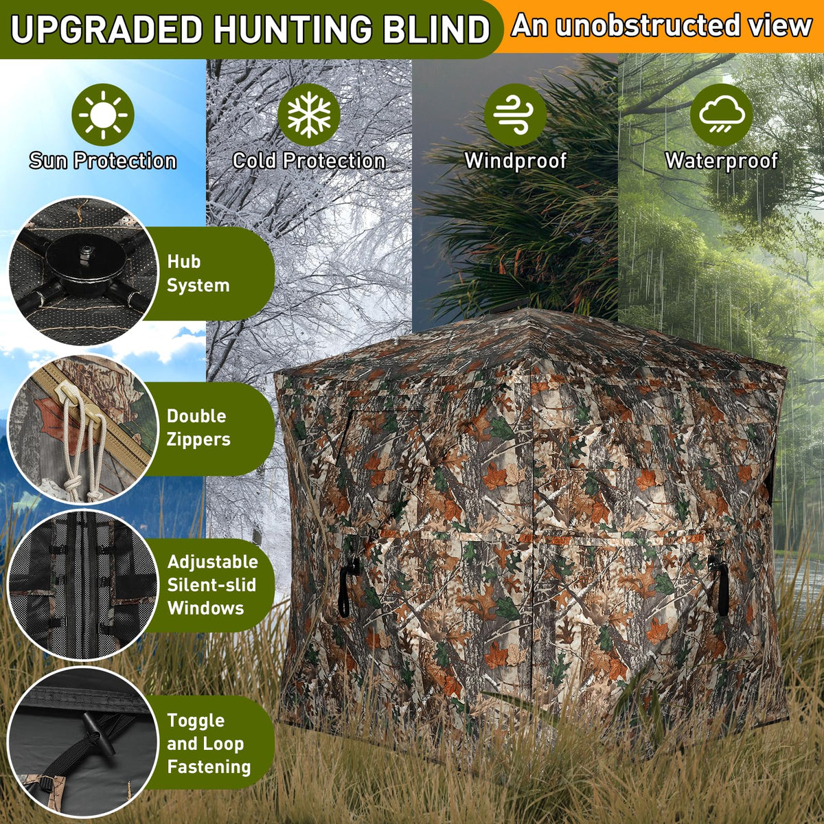 TLC Sport Hunting Blind with Carrying Bag, 360 Degree See Through Ground Blind for 2-3 Person, Camouflage Pop Up Hunting Tent Portable Concealed