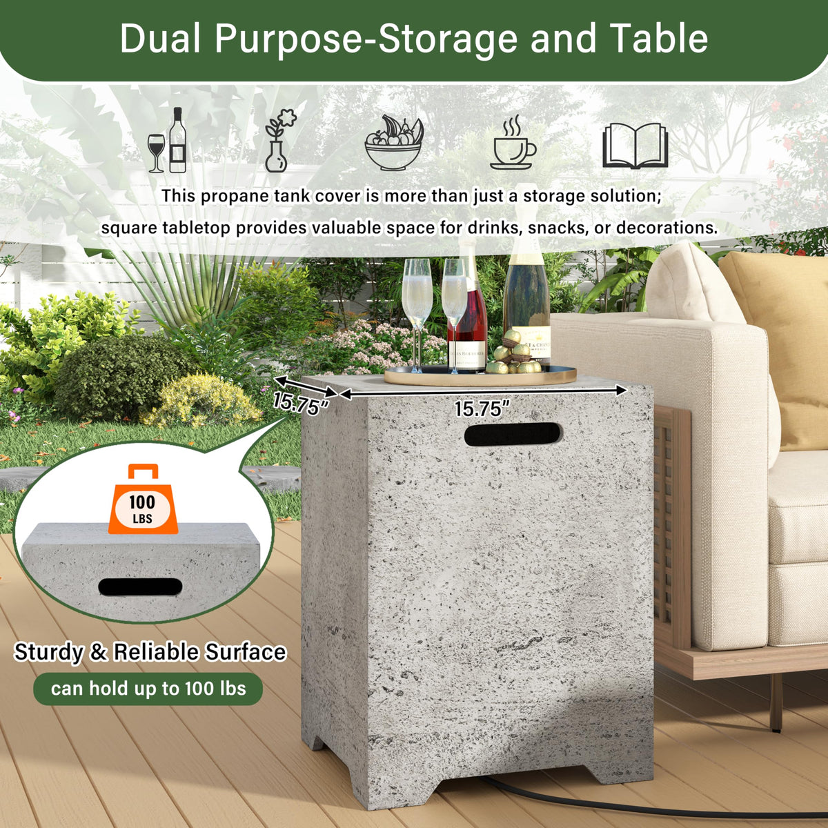 Merax Outdoor 15.75''MGO Propane Tank Cover Table, Propane Tank Holder with Handles on Both Sides & Groove Hole at The Bottom,Fire Side Table for Gas Fire Pits,No Assembly Needed, Light Gray