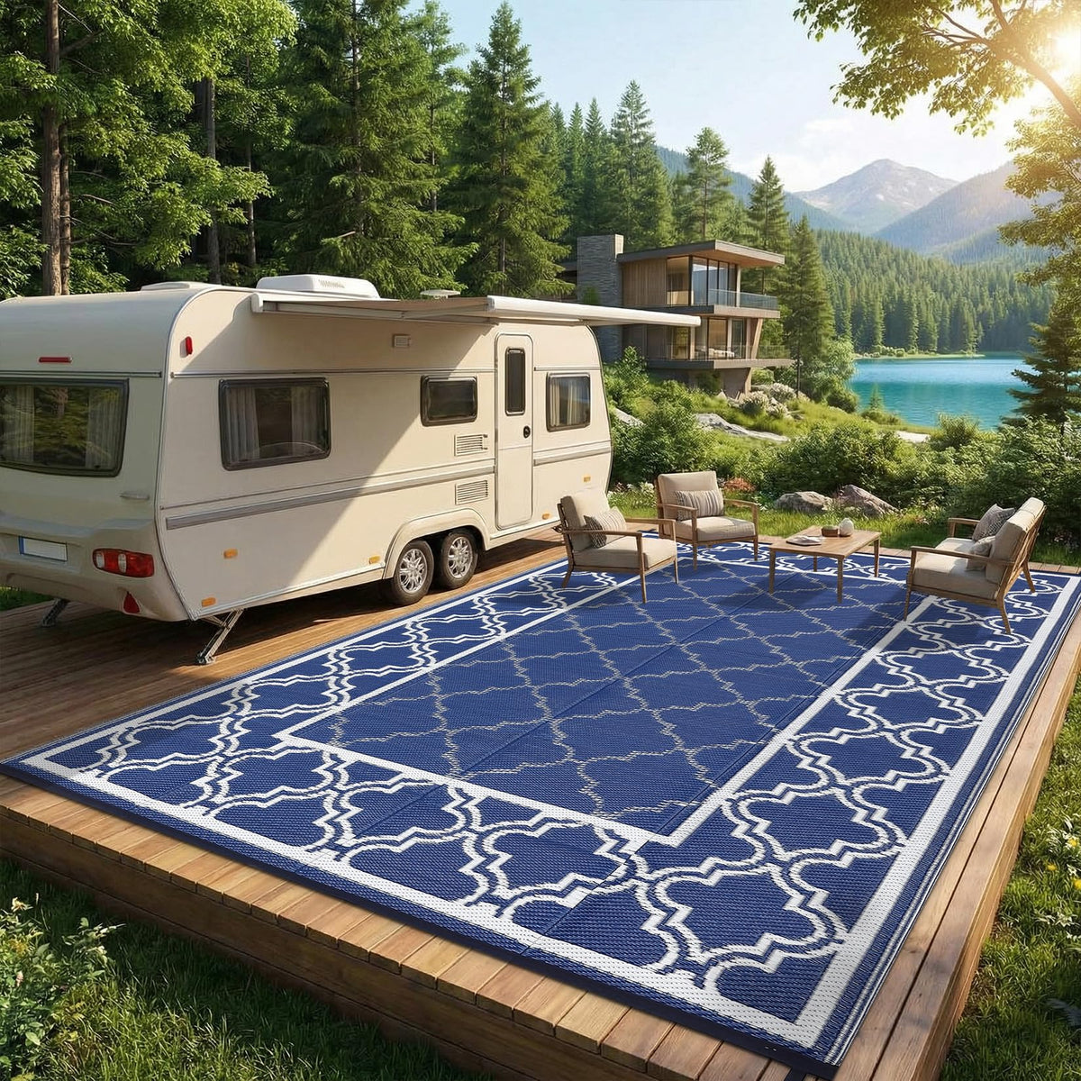 Garvee Reversible Outdoor Rug 10x14, Waterproof Outdoor Plastic Straw Rug with Interlacing Pattern, RV Mat for Picnics, Patio, Camping, Balcony, Deck, Backyard, Porch, Blue