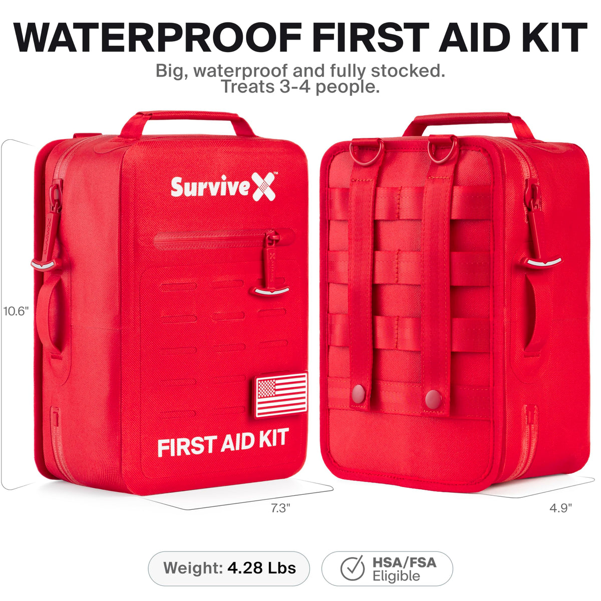 SurviveX Large Waterproof First Aid Kit for Car, Travel & Home - Emergency Kit for Hiking, Camping, Backpacking and Outdoors - Includes Zip Stitch Wound Closure Strips