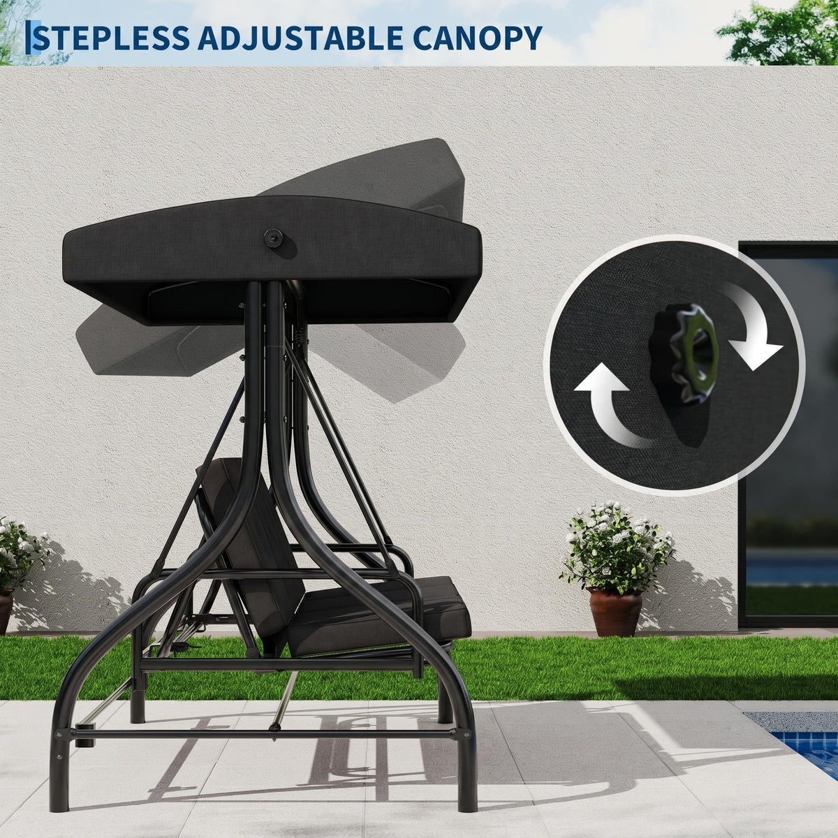 3-Seat Outdoor Porch Swing with Adjustable Canopy, Patio Swing Chair with Stand, 800 Lbs Heavy Duty Steel Frame, Reclines to 180° Swing Bed, Cup Holder Trays, Cushions & Pillows for Garden, Black