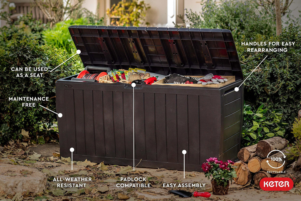 Keter Marvel Plus 71 Gallon Resin Outdoor Storage Box for Patio Furniture Cushions, Throw Pillows, Garden Tools and Pool Floats, Brown