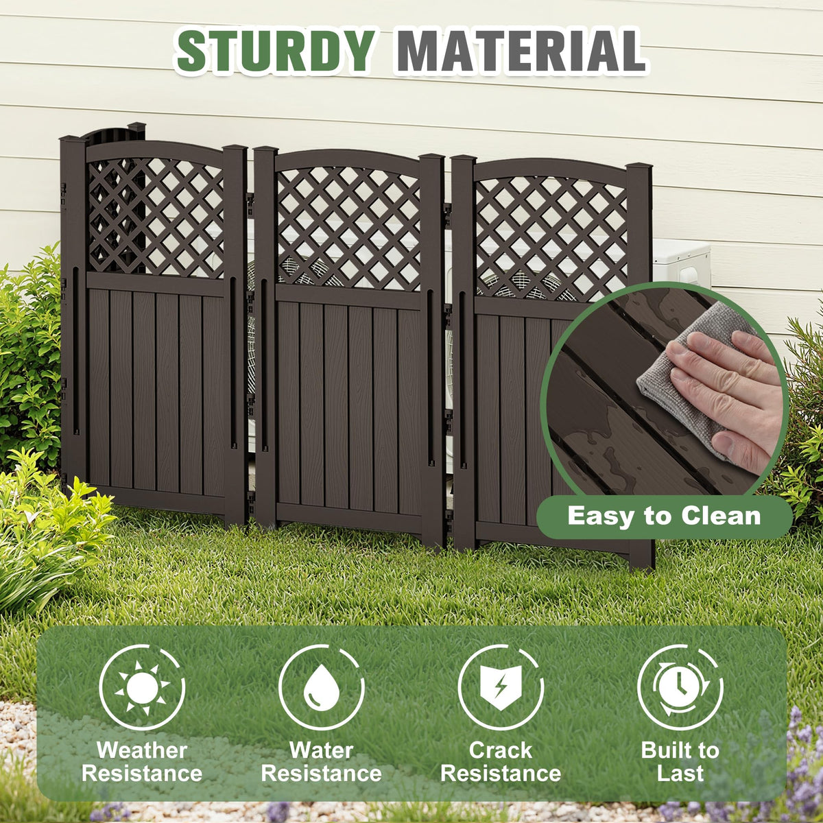 Greesum Air Conditioner Privacy Fence Screen, 4 Panels Trash Can Enclosure, 49.45" H x 22.62" W, Weather Resistant for Outdoor Pool Equipment, Garbage Bins, Brown