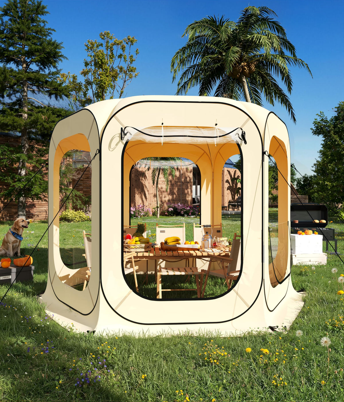 Garvee 10x10 Ft Pop Up Screen Tent, 6-8 Person Portable Screen House Room Instant Bubble Tent Shelter, Rainproof Camping Sun Shelter Coldproof for Patio, Backyard, Deck, Sports Events, Beige