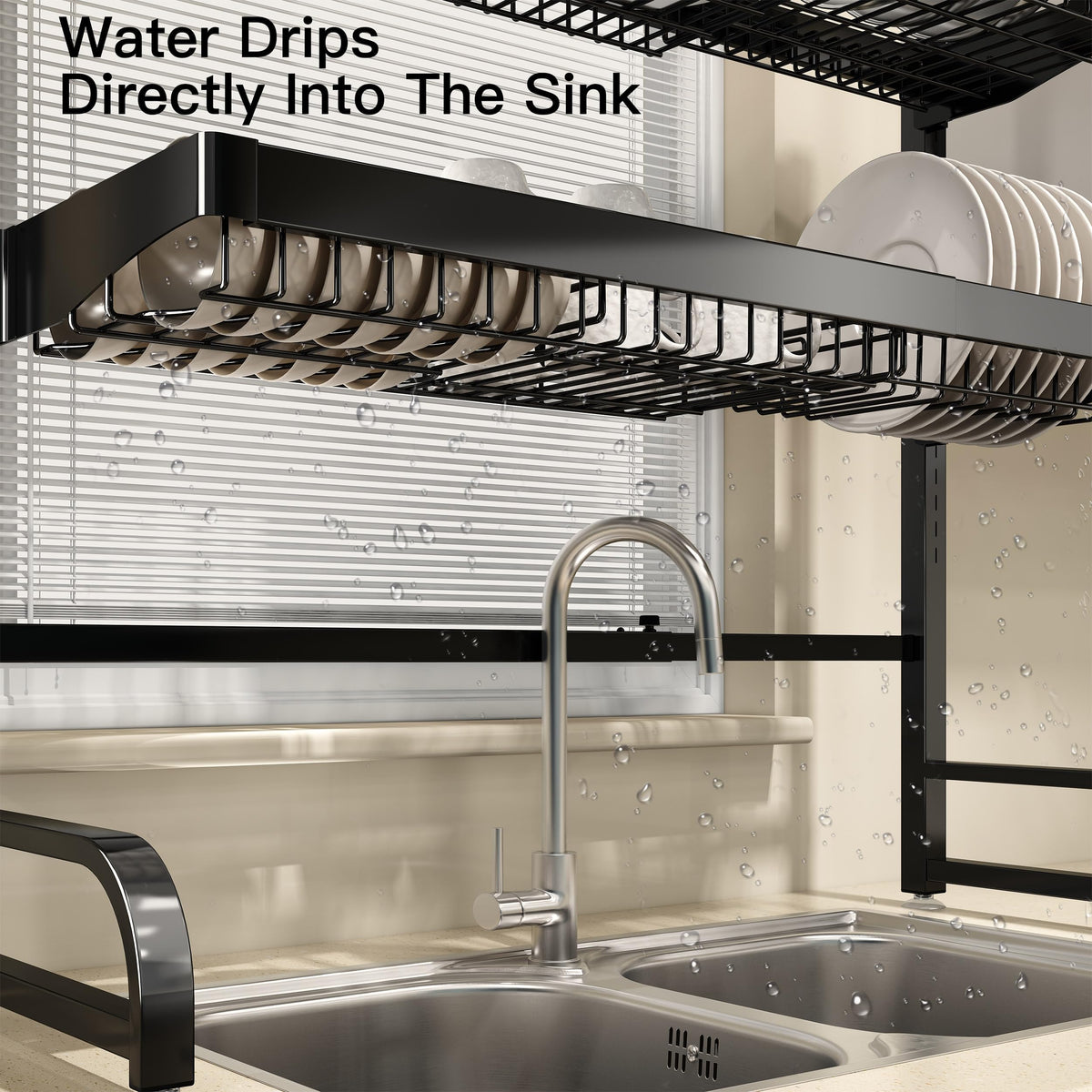 3 Tier Extra Large Stainless Steel Expandable Over The Sink Dish Drainer Drying Rack, Rust Proof Metal, Space Saving, Modern Black Big Capacity Extendable Plate Strainers Above Kitchen Counter