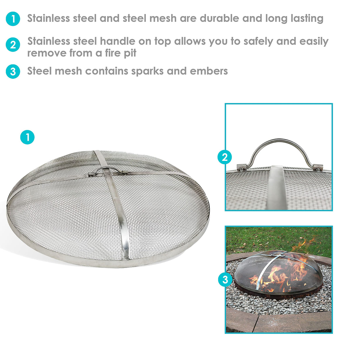 Sunnydaze Round Fire Pit Screen Cover - 40-Inch Stainless Steel Mesh Fire Pit Spark Screen - Spark Lid Top Cover with Handle
