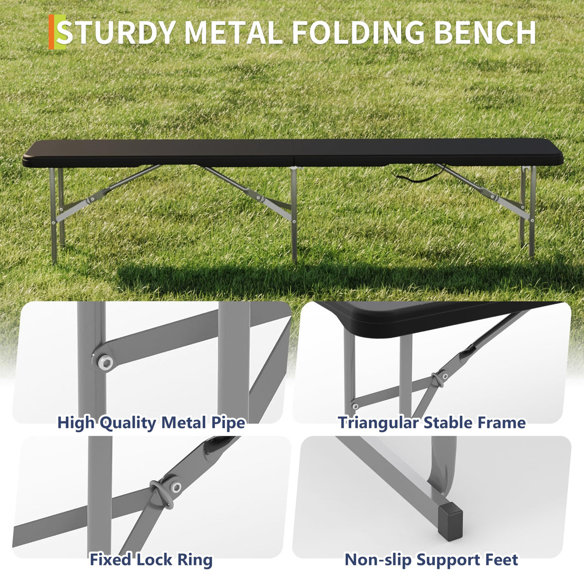 Garvee 6FT Folding Bench 2 Pack, Plastic Portable Folding Bench Seat with Carry Handle & Lock for in/Outdoor Activities, Picnic, Soccer, Caming Dining Seat, Black