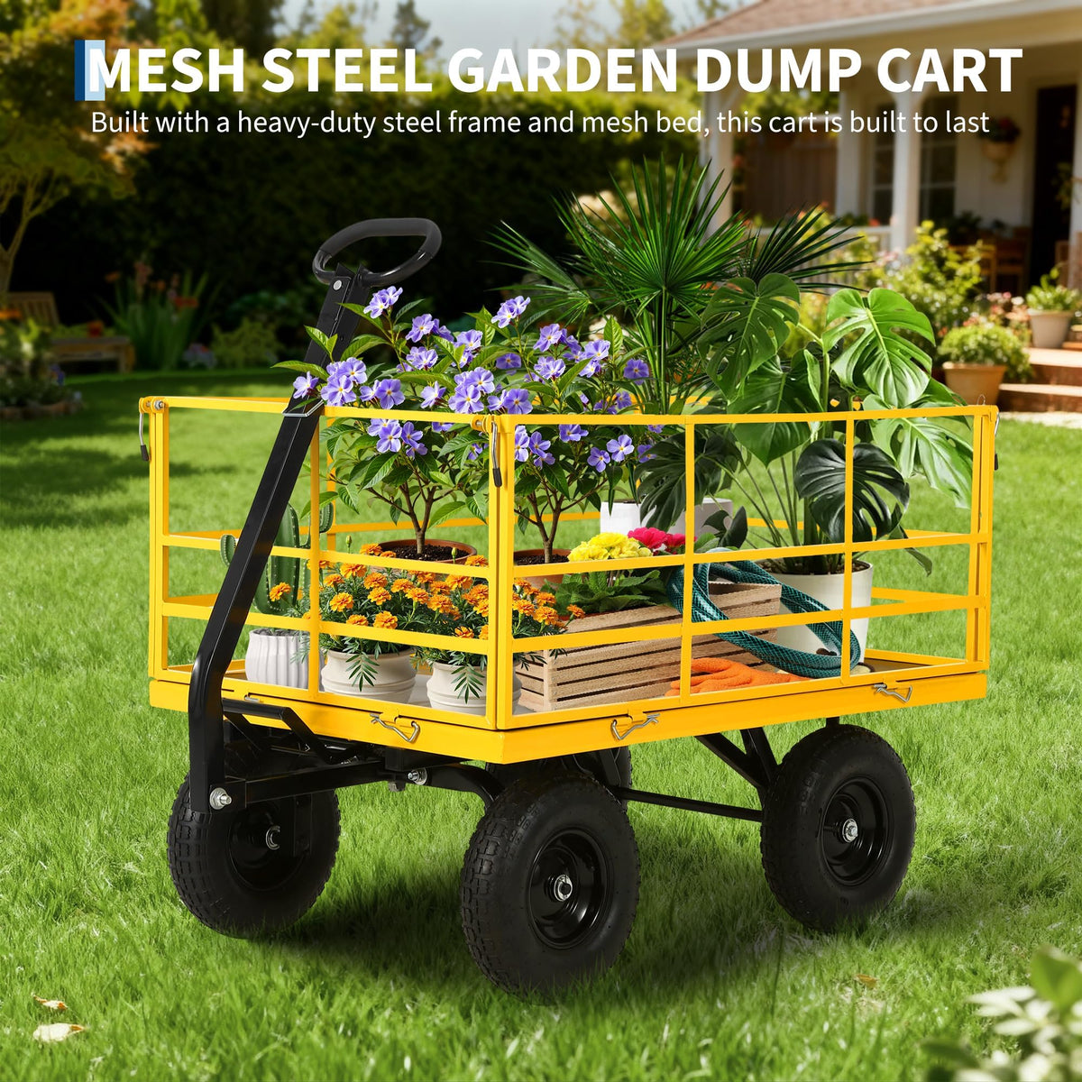 IDEALHOUSE 1500 lbs Steel Garden Cart, All Terrain Tires & 3-in-1 Utility Wagon with Removable Sides, 13cu ft Steel Yard Wagon Trailer for Lawn, Backyard, Firewood Gardening Soil, Tools