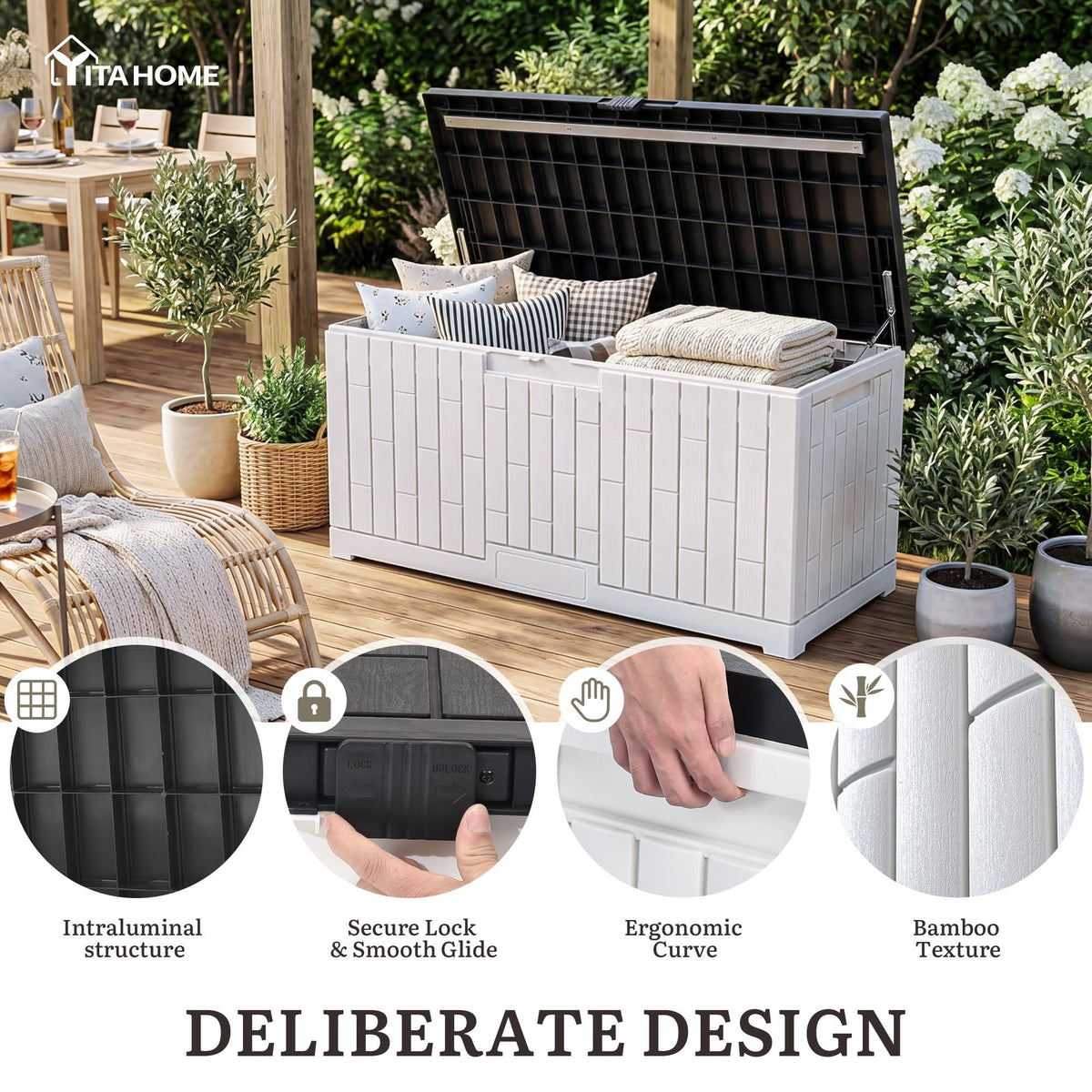 YITAHOME Large Deck Box 120 Gallon Resin Outdoor Storage Box w/Slide-Locking Black Lid, Patio Storage Bin for Outdoor Pillows, Garden Tools and Pool Supplies, Waterproof, Lockable, Grayish-White