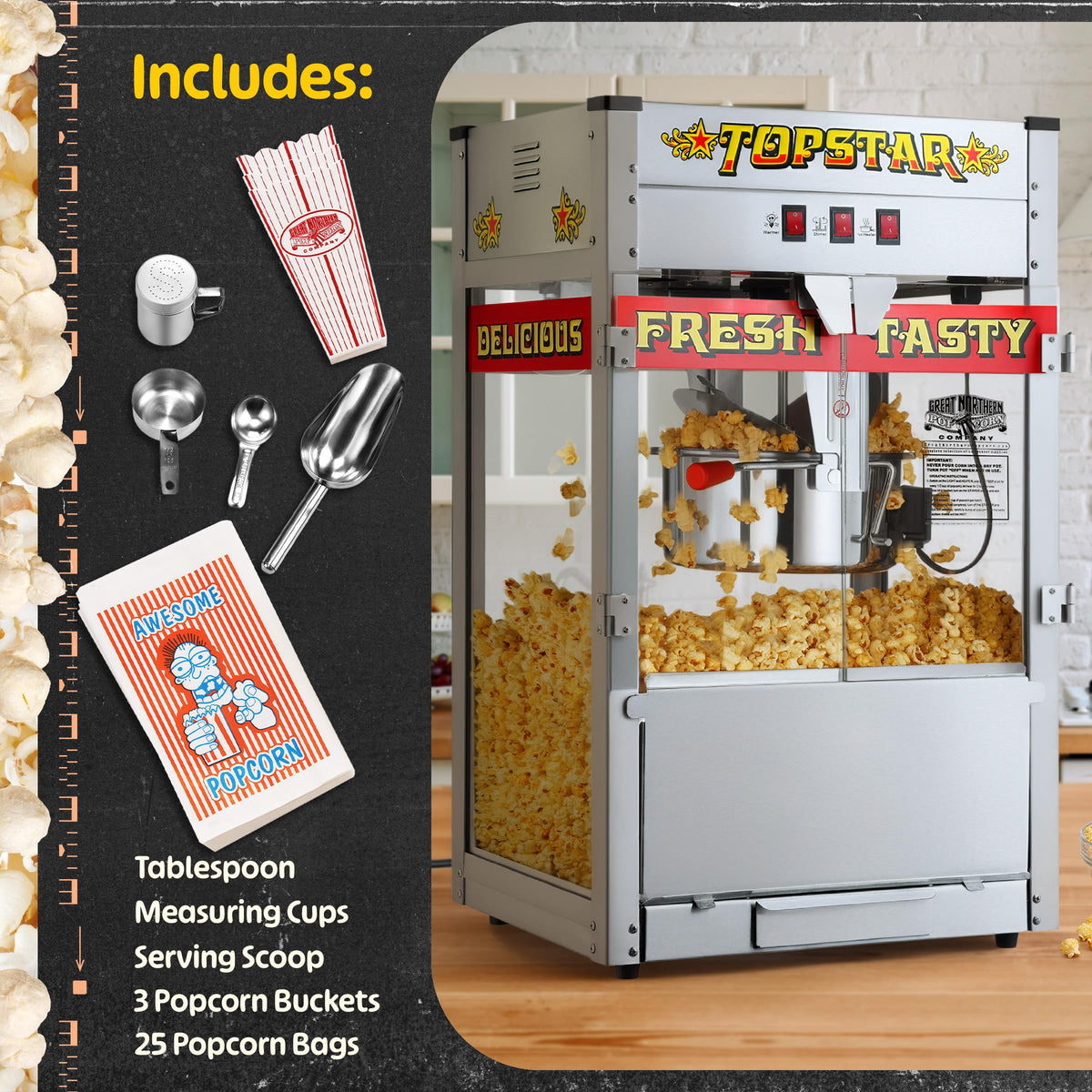 Top Star Popcorn Machine - 12oz Stainless-Steel Kettle, Reject Kernel Tray, Warming Light, and Accessories by Great Northern Popcorn (Red and Yellow)