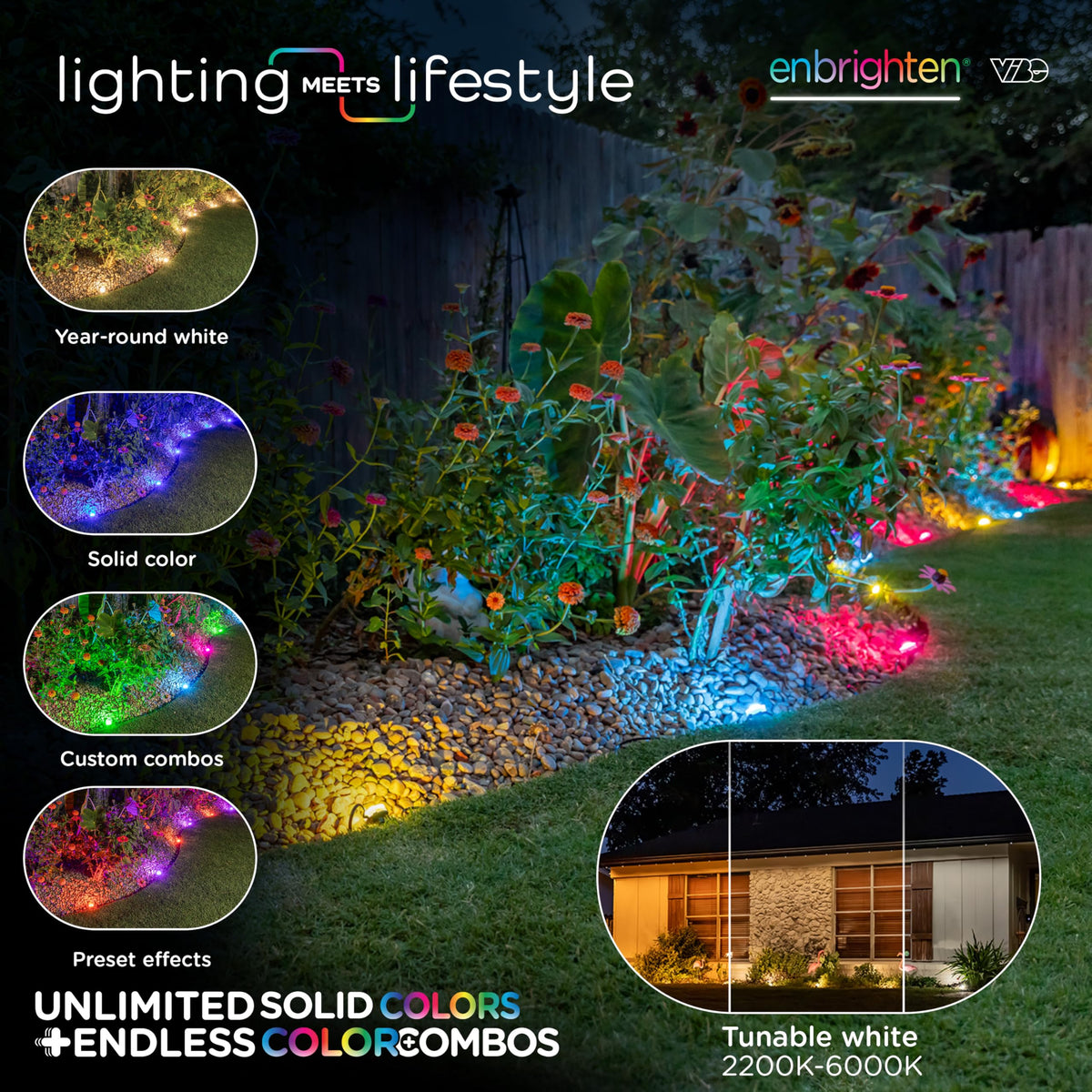 Enbrighten Vibe Eternity Landscape Lights, 33ft, 8 RGBWIC LEDs, Weatherproof, Perfect for Garden, Pathway, and Home Exterior Lighting, Smart App Control, Compatible with Alexa, Google Home, 83789