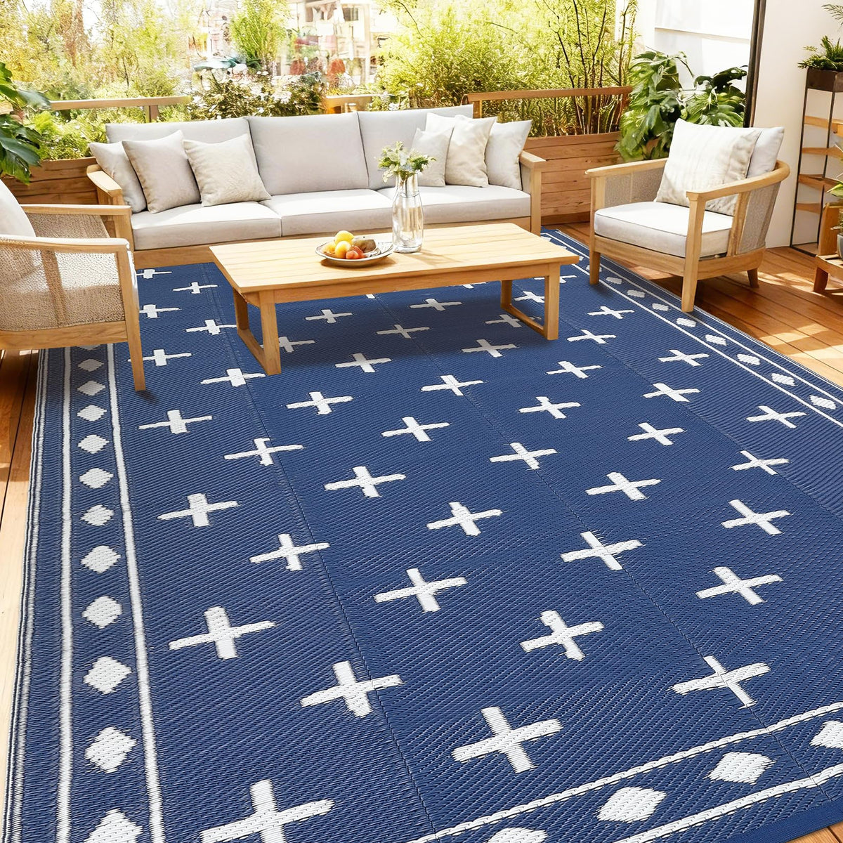 Garvee Large 9x18 Outdoor Area Rug, Waterproof Plastic Straw Mat with Framed Geometric Design for RV Awning, Patio, Deck, Garden, Camping, Beach and Backyard,Dark Blue