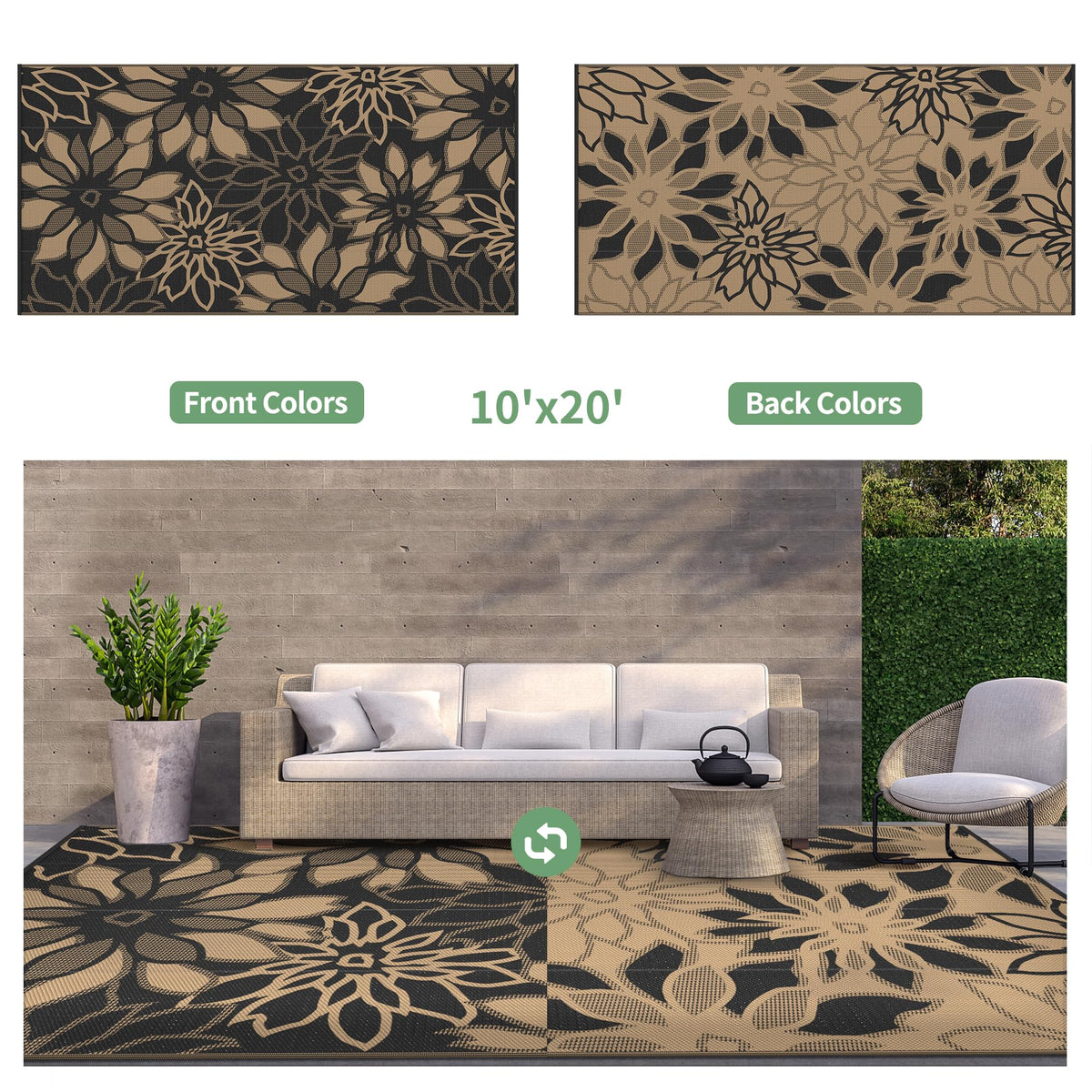 GENIMO Outdoor Rug Waterproof for Patio Decor, 10' x 20' Reversible Plastic Straw Floral Camping Carpet, Large Area Rugs Mats for RV, Camper, Deck, Balcony, Porch, Beach, Picnic, Black & Brown