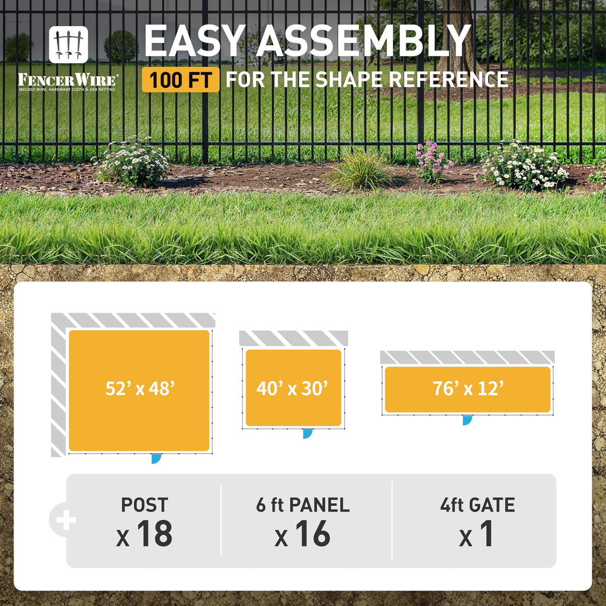 Fencer Wire 100FT Heavy Duty Flat Top Fence Barrier Kit, Anti-Rust Metal Steel Fence with 6FT Height X 6FT Width Panels, with Arched Gate, Posts, Connectors, Outdoor Fencing for Yard