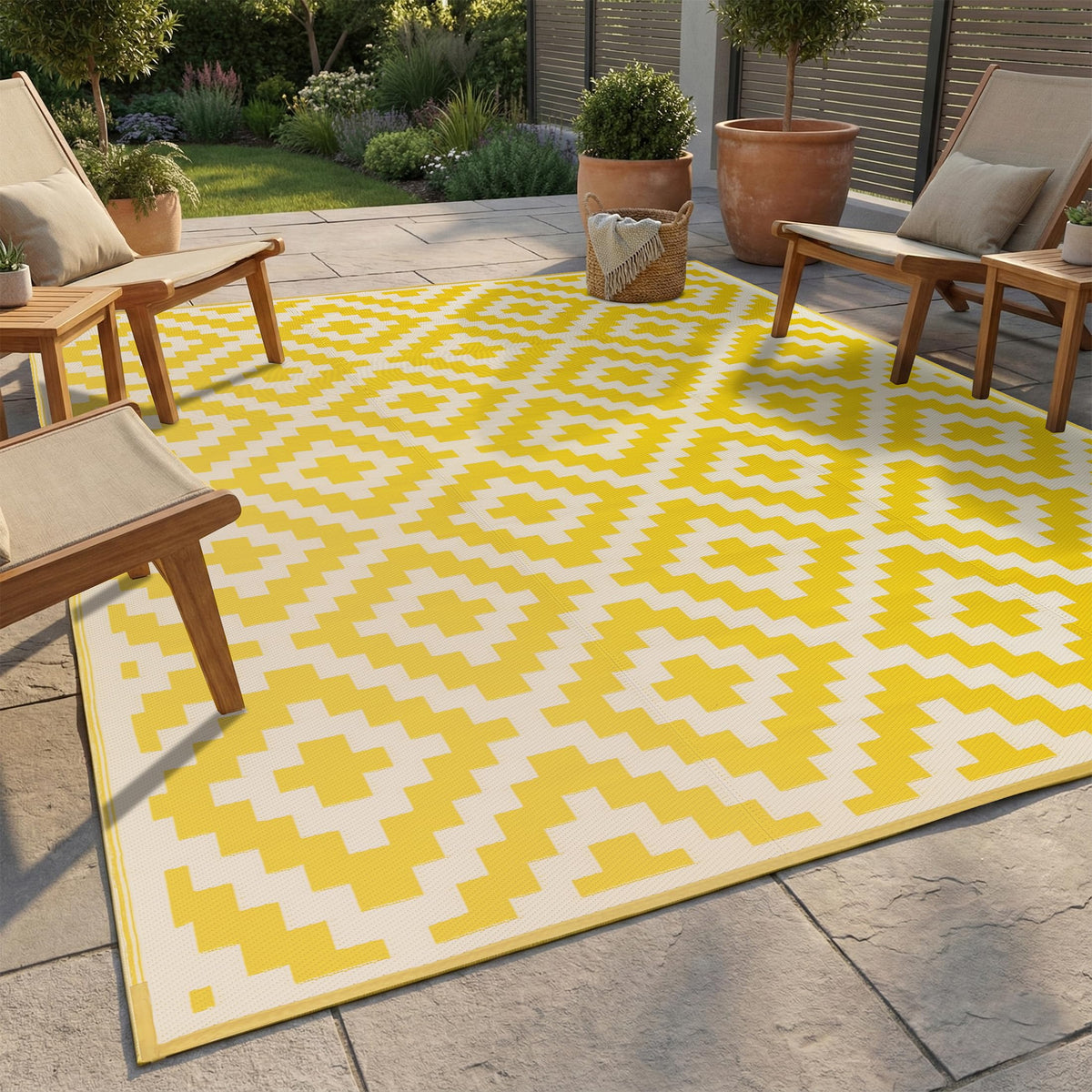 FH Home Outdoor Camping Rug - Waterproof, Fade Resistant, Reversible - Premium Recycled Plastic - Geometric - Large Patio, Deck, Sunroom, RV - Aztec - Yellow & White - 9 x 18 ft Foldable