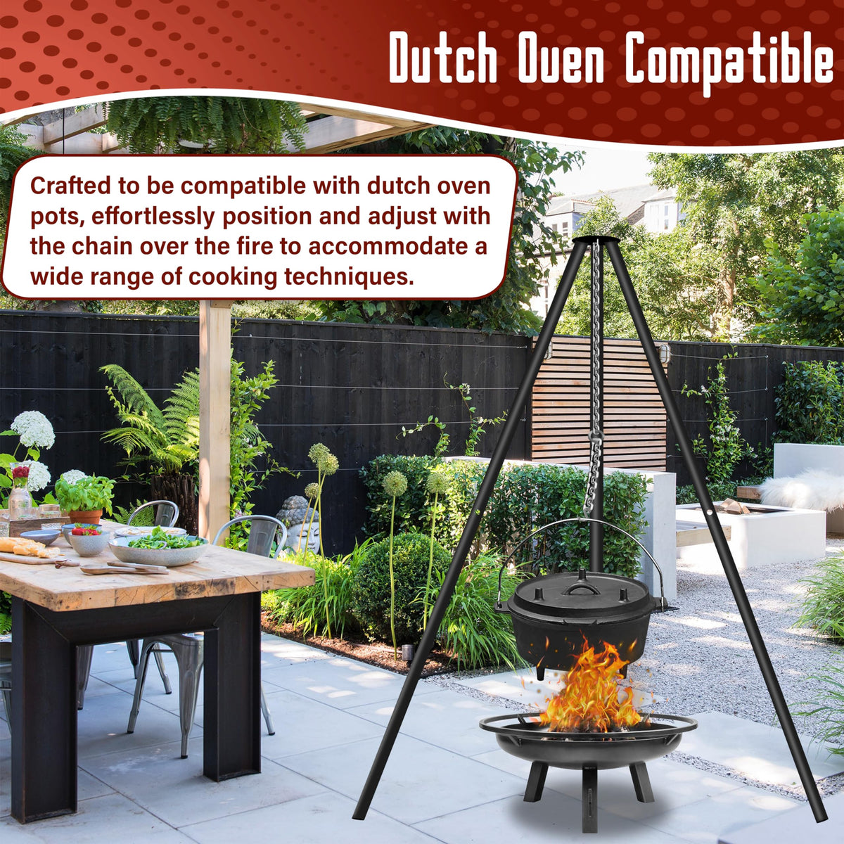 FEBTECH - 55-inch Steel Tripod Campfire Grill Set - Portable BBQ Grate with Stand for Outdoor Cooking Camping Fire Pit