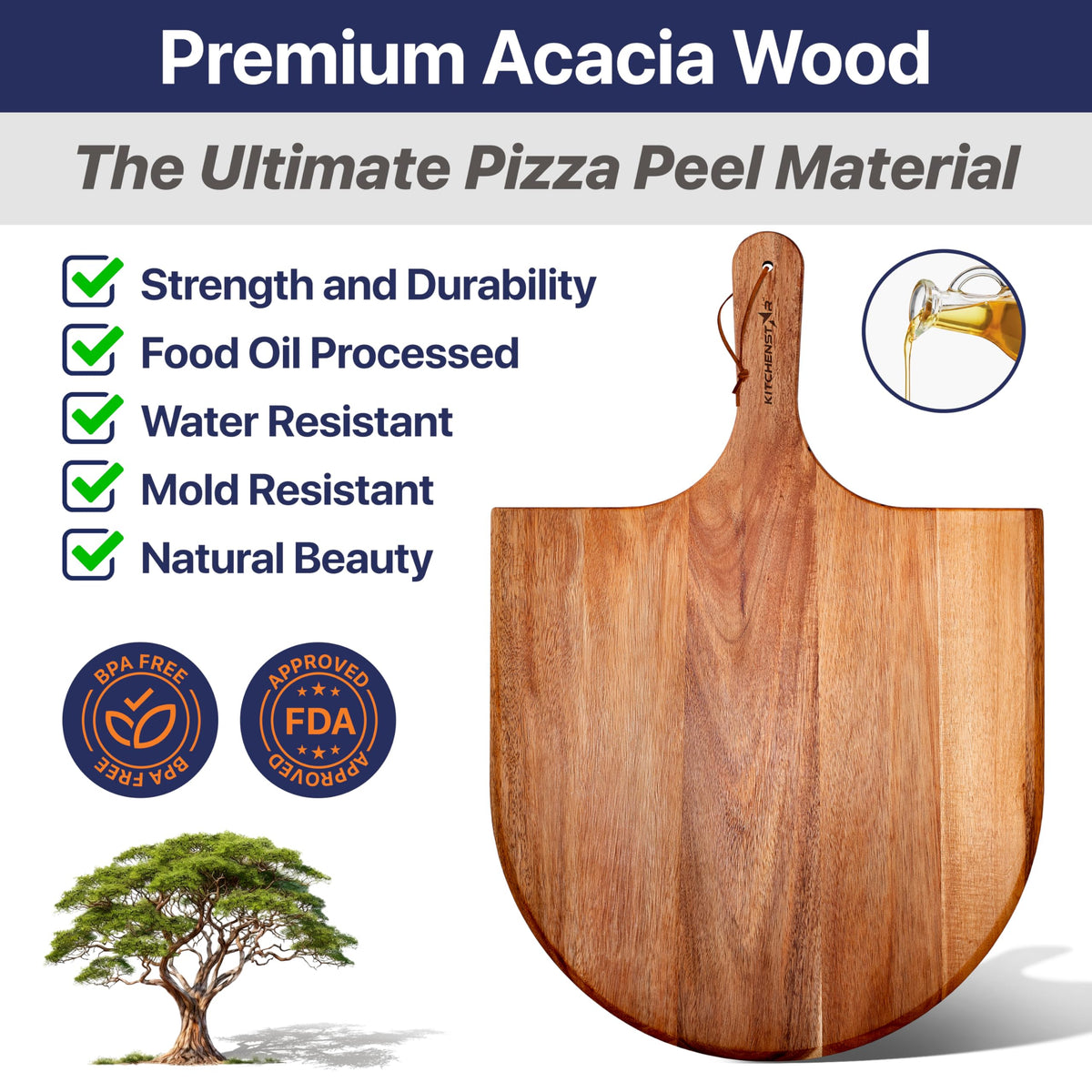 KitchenStar Pizza Cutter Rocker Blade 16" Black + Wooden Pizza Peel 16" + Pizza Stone for Oven and Grill 16" with Handles - Pizza Making Bundle