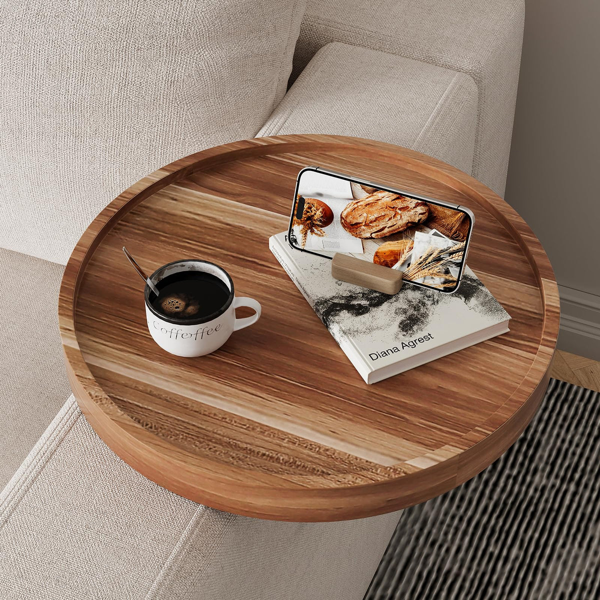 Semjar Acacia Wood Couch Arm Tray Table,Anti-Slip Adjustable Round Sofa Arm Tray,Wooden Armrest Caddy Table for Couches,Arm Chair Companion for Drinks Cellphone TV Remote Snacks