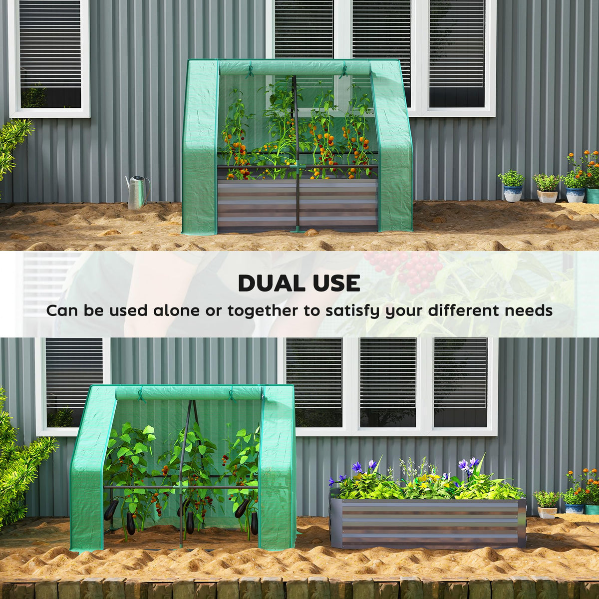 Outsunny 4 x 3ft Metal Planter Box with Mini Greenhouse, Galvanized Raised Garden Bed with Cover for Herbs and Vegetables, Small Greenhouse for Patio Garden Balcony, Green and Dark Gray