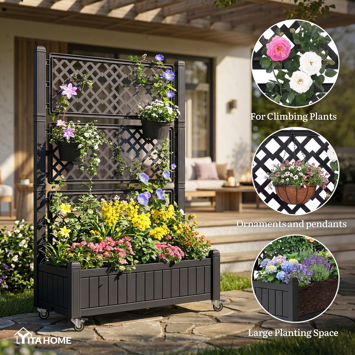 YITAHOME 42.5x14.2x61 in Planter Box with Trellis, All-Weather Raised Garden Bed with Wheels & Drain Plug, Outdoor Privacy Screen for Climbing Plants Flowers Herbs, Black