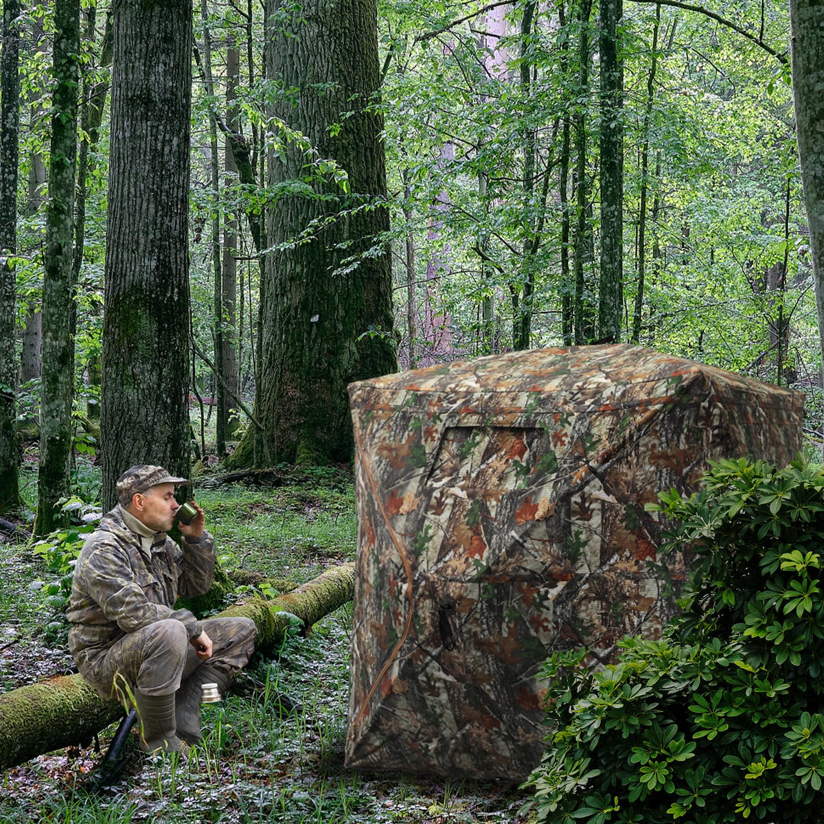 FUNHORUN Hunting Blind with Floor Mat, 360 Degree See Through Ground Blind with Carrying Bag, 2/3 Person Pop Up Camouflage Tent Portable Concealed Shelter