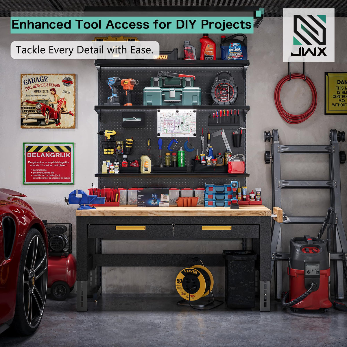 JWX DDB Gaming Standing Shelf Units, 30‘’ Free Standing Gaming Shelf Pegboard Cabinet with Home Office Metal Pegboard and 15 Pieces Organizer Tool Holders