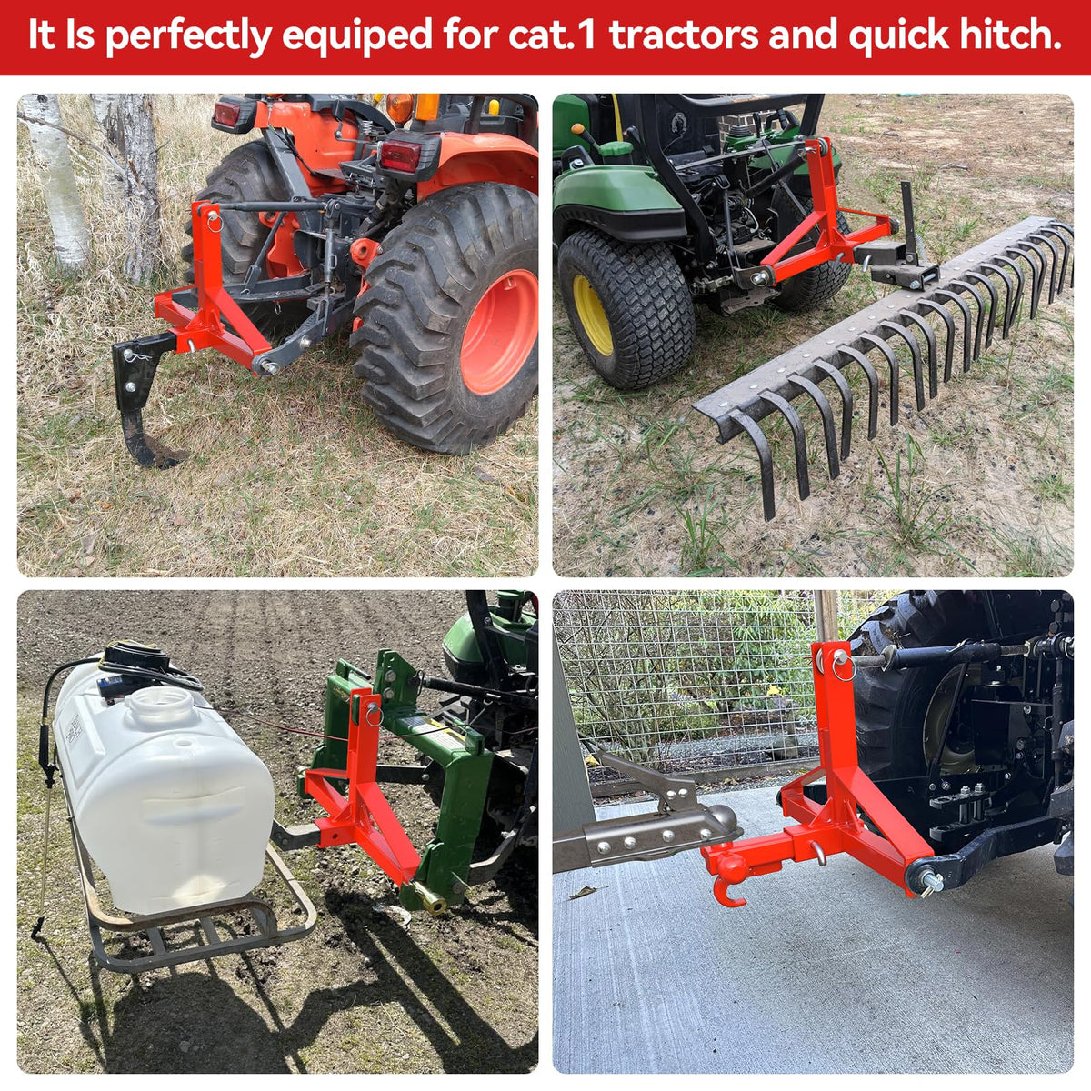 Red 3 Point Trailer Hitch with Receiver and Ball, Tractor Mover Drawbar, Farm Equipment and Subcompact Trailer Hitch for Tractor Standard Category 1
