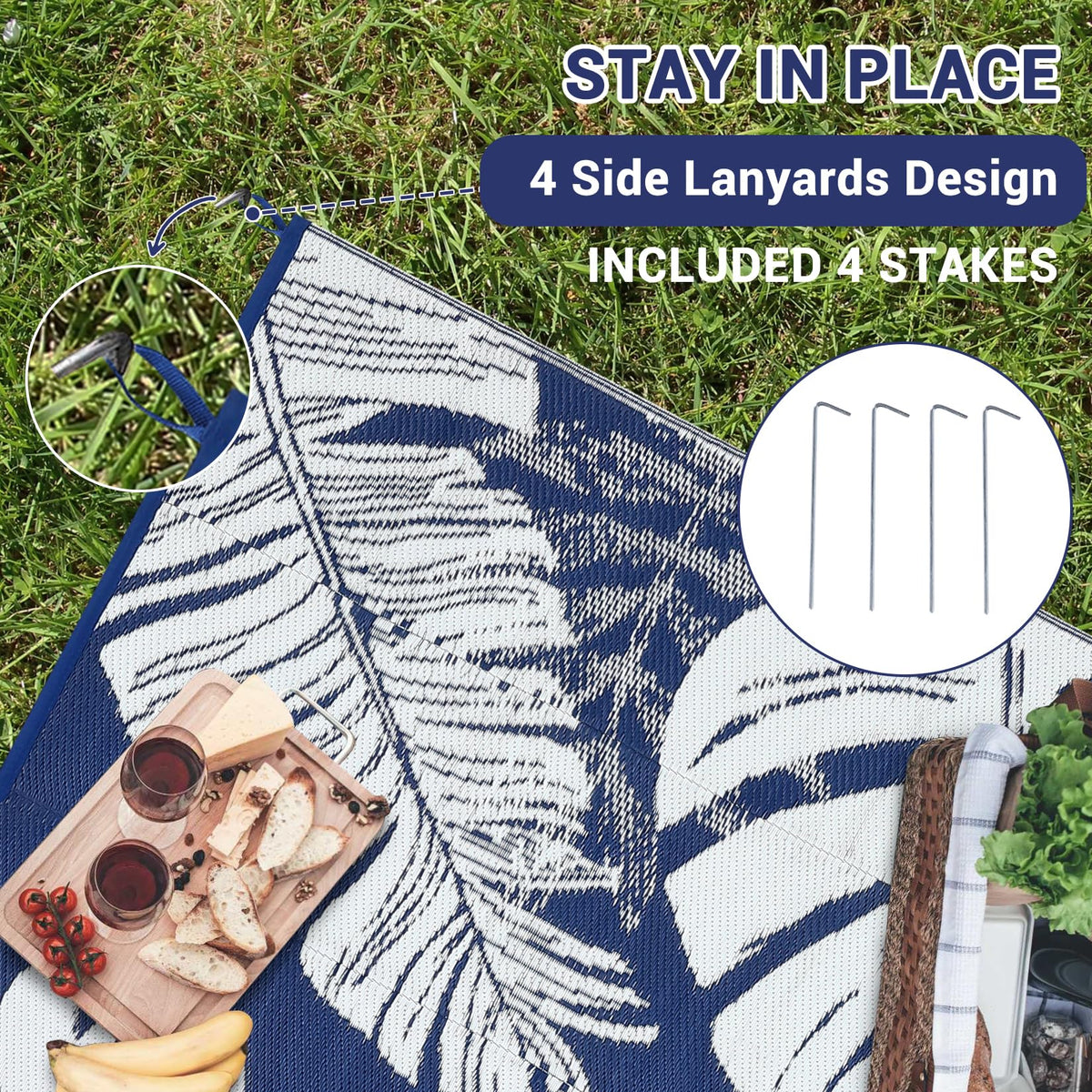 IDEALHOUSE Outdoor Rug 9x18 Ft, Waterproof Plastic Reversible Rug, Modern Leaf Pattern Plastic Camping Mat for Outdoors, RV, Patio, Backyard, Deck, Picnic, Beach, Traile(Dark Blue & White)