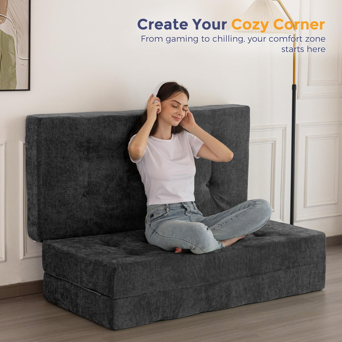 MAXYOYO 6" Folding Sofa Bed for Floor, Tufted Tri-Fold Floor Couch Bed with Chenille Fabric, Twin Size Portable Sofa Couch Guest Mat for Adults, Foldable Topper for Camping, Dark Grey, 35.4"x75"