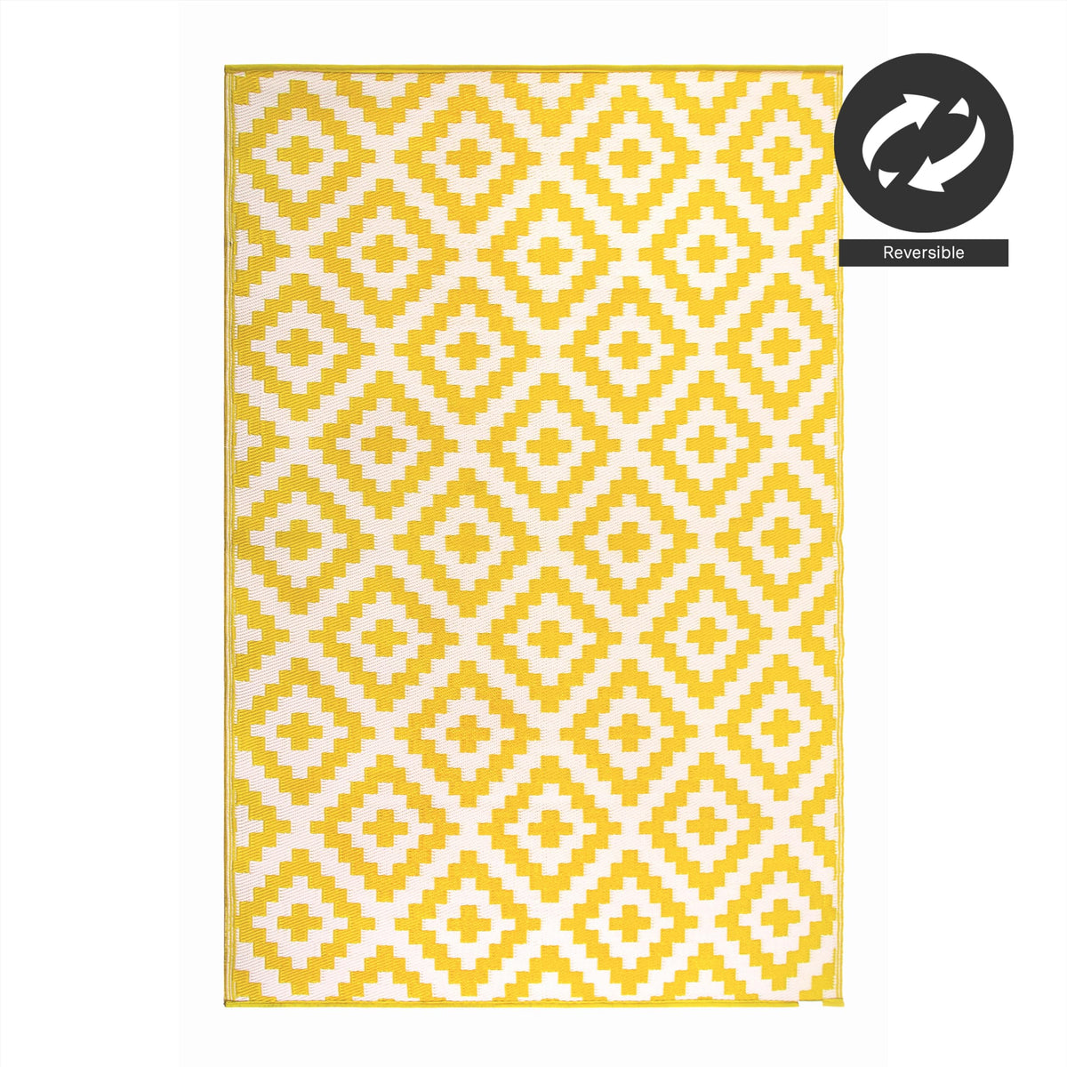 FH Home Outdoor Camping Rug - Waterproof, Fade Resistant, Reversible - Premium Recycled Plastic - Geometric - Large Patio, Deck, Sunroom, RV - Aztec - Yellow & White - 9 x 18 ft Foldable