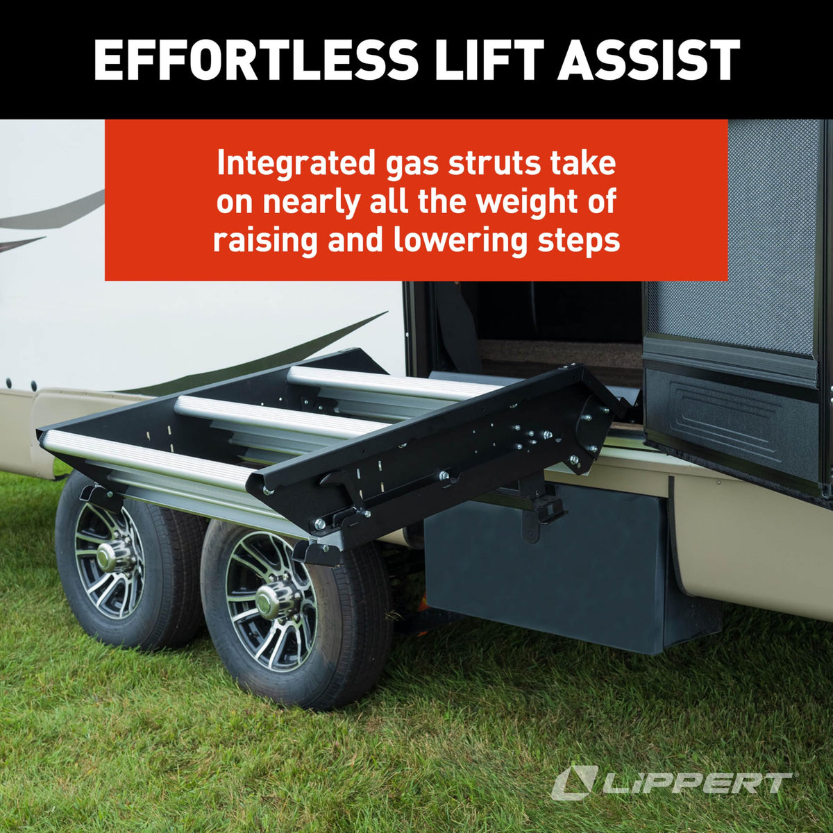 Lippert Solid Step 4.0 Premium Triple RV Camper Entry Steps with Lift Assist Gas Struts, 26" Step Width, XL Top Tread, 8" Rise, 500-lb. Weight Capacity, Adjustable Legs, Recessed Feet - 2024056998