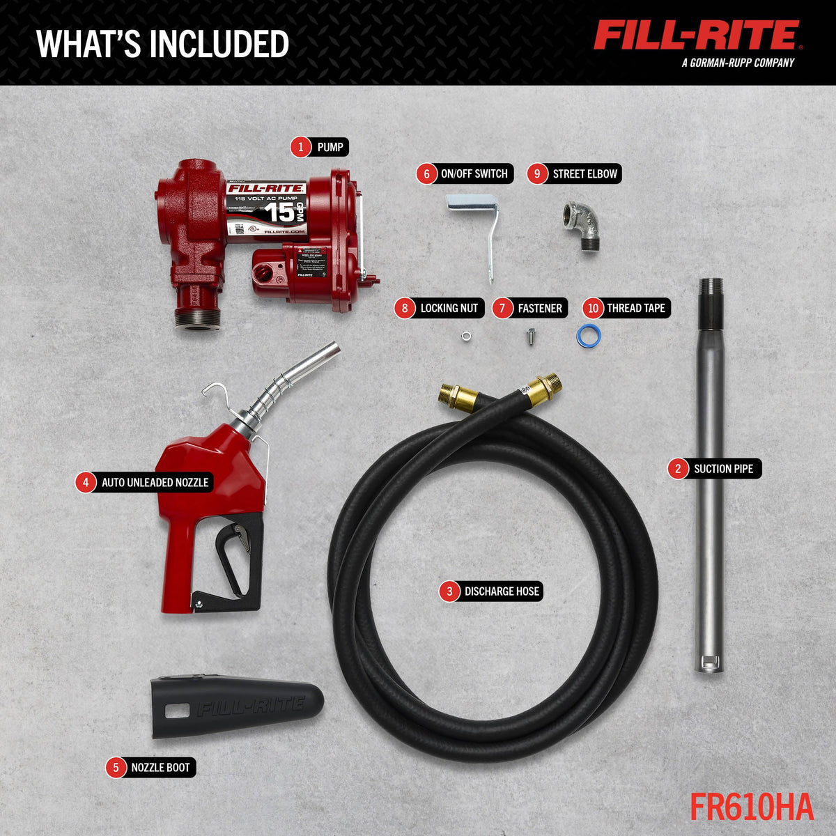 Fill-Rite FR610HA 115V 15 GPM Fuel Transfer Pump w/Discharge Hose & Automatic Nozzle (Red) | Gasoline, Diesel, Kerosene, Ethanol & Methanol Blends & Biodiesel
