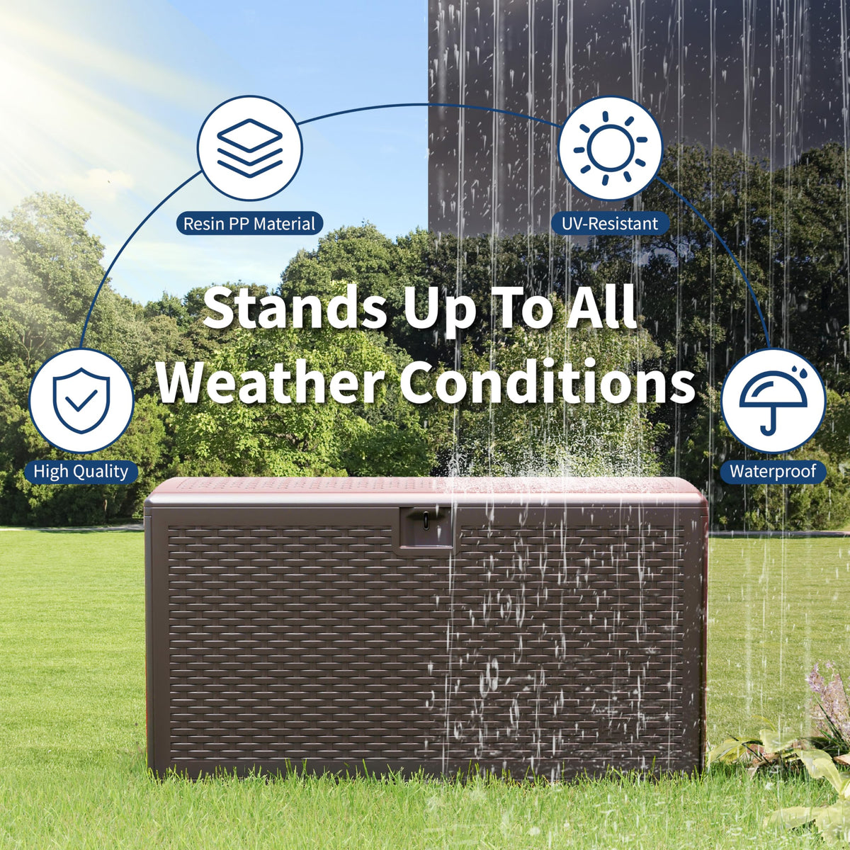 99 Gallon Outdoor Deck Box, HDPE Resin Patio Storage Bench with Lockable Hydraulic Lid, Weatherproof UV-Resistant Storage Chest for Tools, Pool Toys, Cushions,Large Capacity, Brown Wicker Style