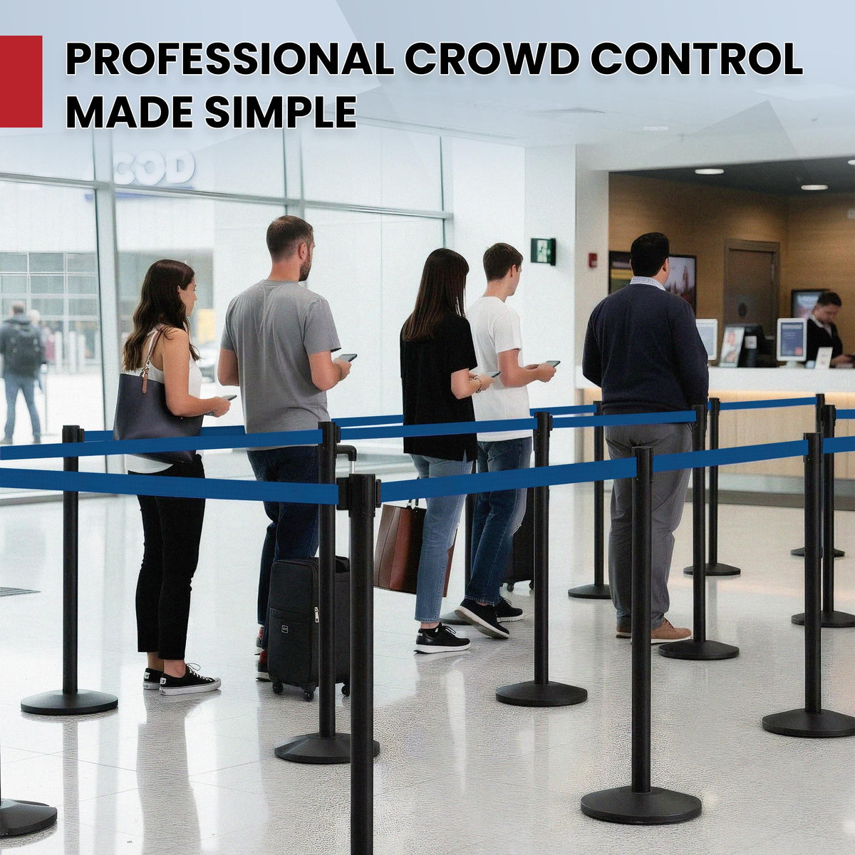 Crowd Control Warehouse Set of 2 Stanchion Retractable Belt Barriers, 11 Foot Dark Blue Belt Barrier with 40” Black Posts, Premium Barriers with Heavy Duty Concrete Base, CCW Series RBB-100