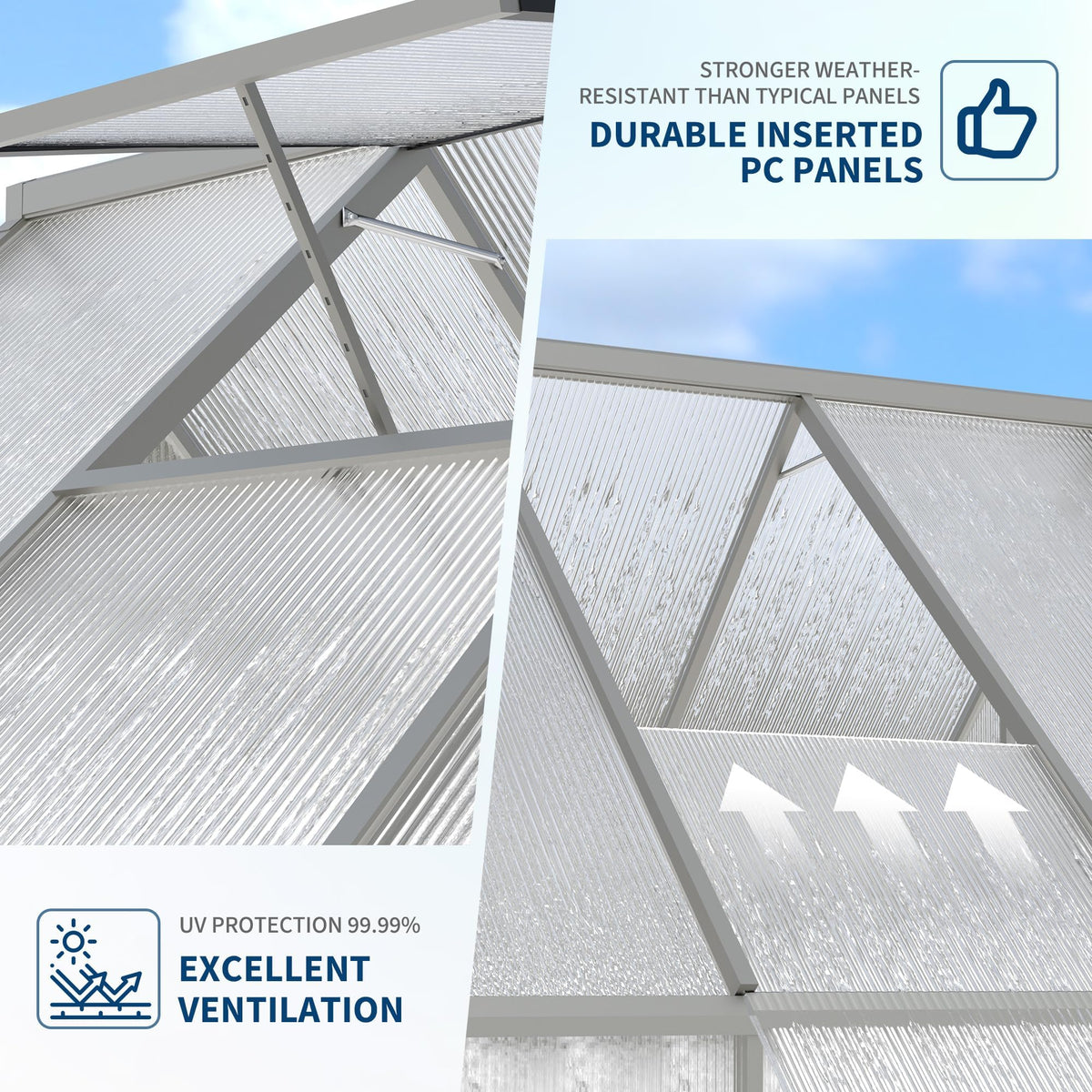 6x7 FT Heavy Duty Aluminum Polycarbonate Greenhouse – Large Walk-in Structure, Quick Setup, Roof Vent, Lockable Door, Rain Gutter – Ideal for Patio, Backyard, Garden – Silver